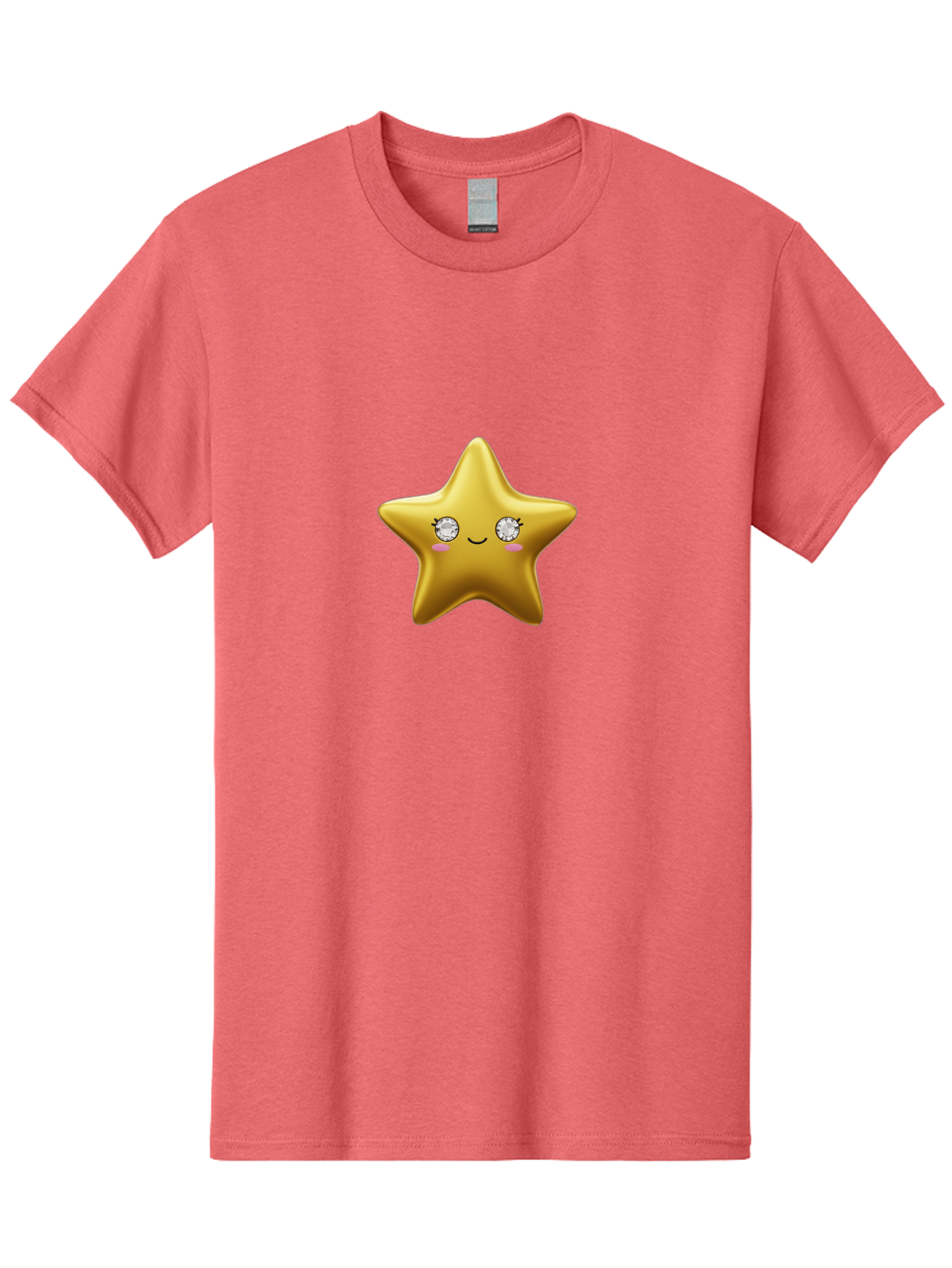 Golden-Star Men'S Graphic Tee, 100% Cotton, Comfortable Casual Summer Wear, Machine Washable, Shiny Golden Star, Cute Emoji, Diamond Eyes, Smiling Face, Pink Cheeks, Cartoon Character, Kawaii Design, Star Symbol, Shiny Texture, Bad159