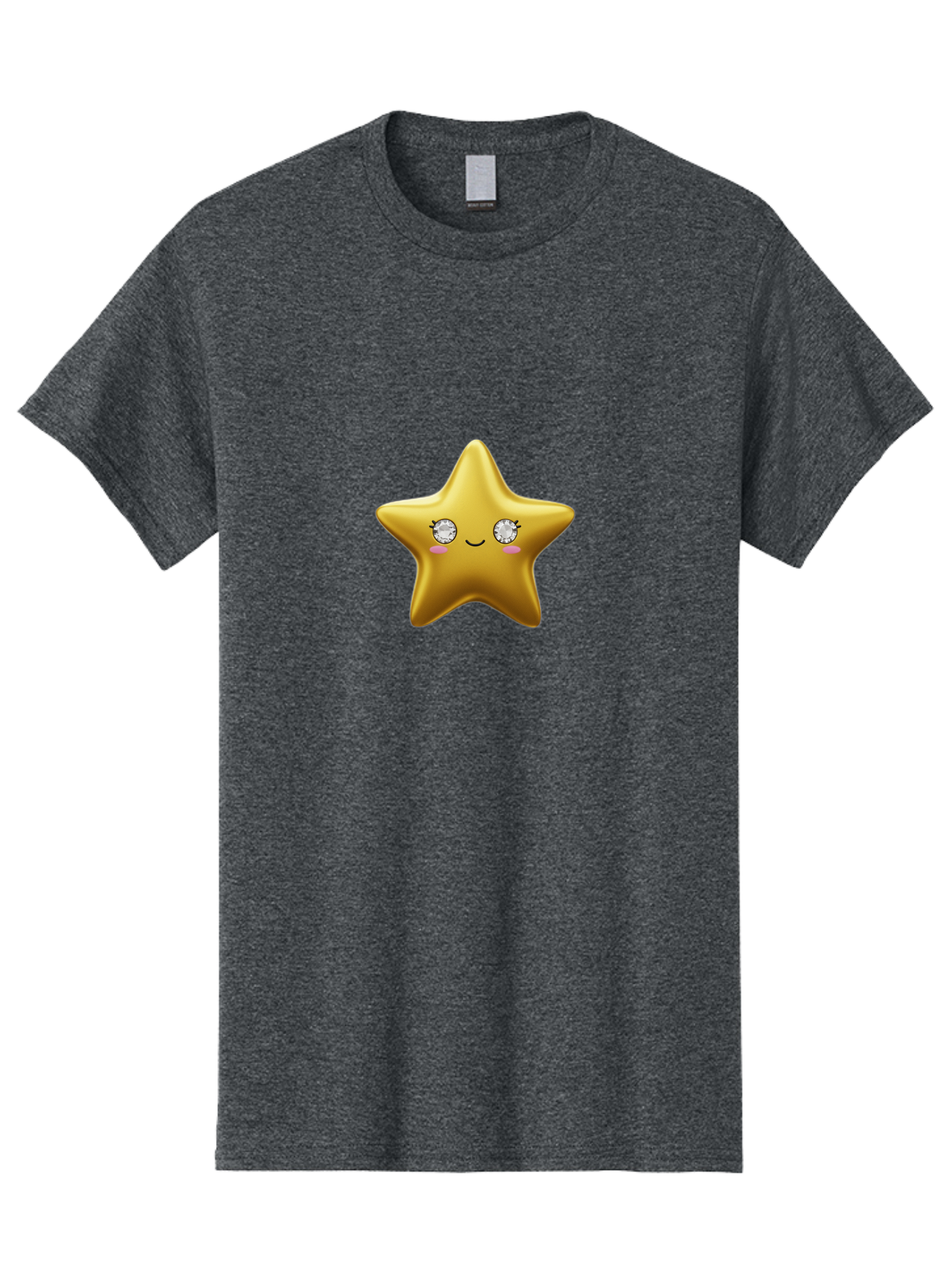 Golden-Star Men'S Graphic Tee, 100% Cotton, Comfortable Casual Summer Wear, Machine Washable, Shiny Golden Star, Cute Emoji, Diamond Eyes, Smiling Face, Pink Cheeks, Cartoon Character, Kawaii Design, Star Symbol, Shiny Texture, Bad159