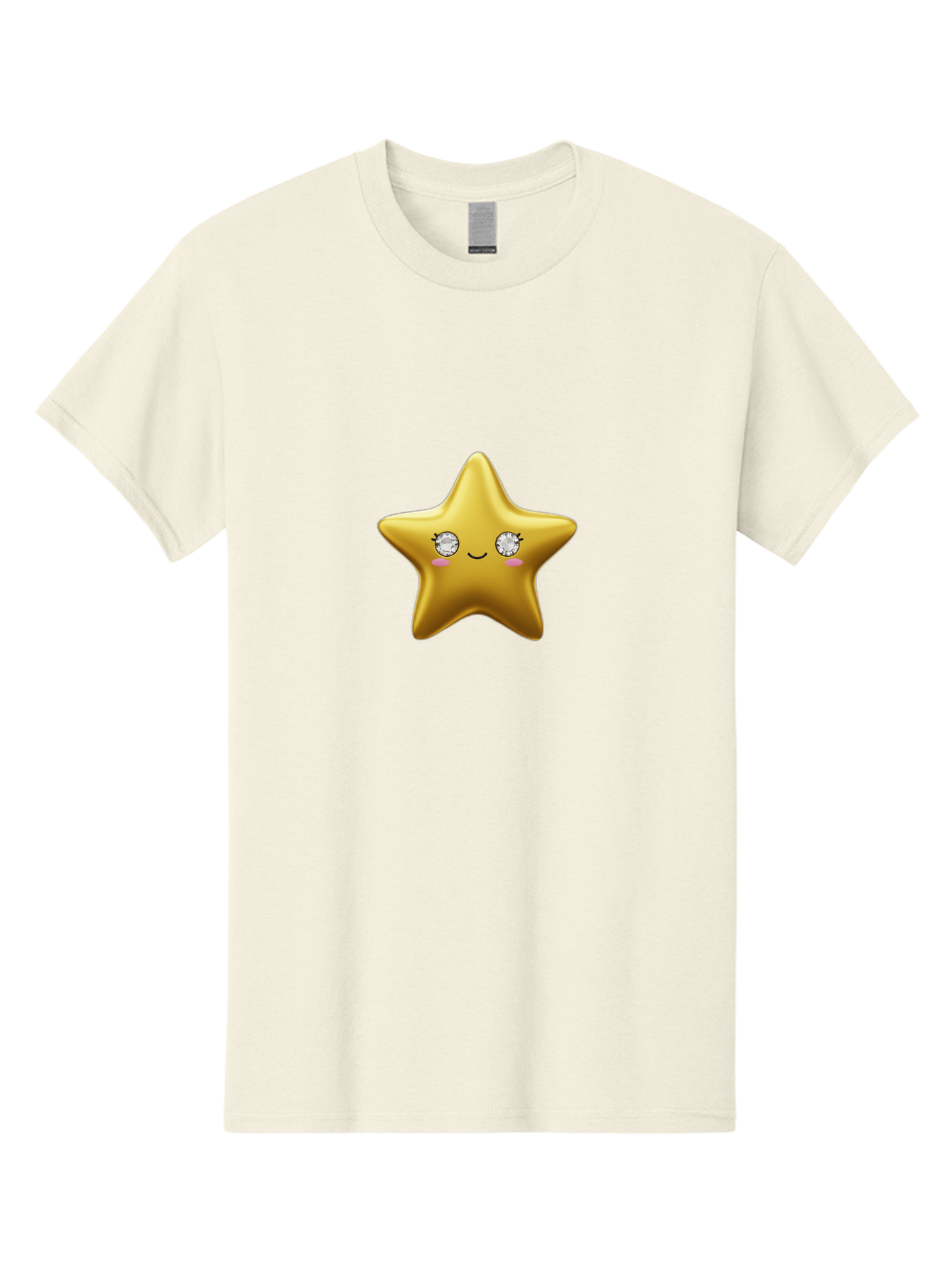 Golden-Star Men'S Graphic Tee, 100% Cotton, Comfortable Casual Summer Wear, Machine Washable, Shiny Golden Star, Cute Emoji, Diamond Eyes, Smiling Face, Pink Cheeks, Cartoon Character, Kawaii Design, Star Symbol, Shiny Texture, Bad159