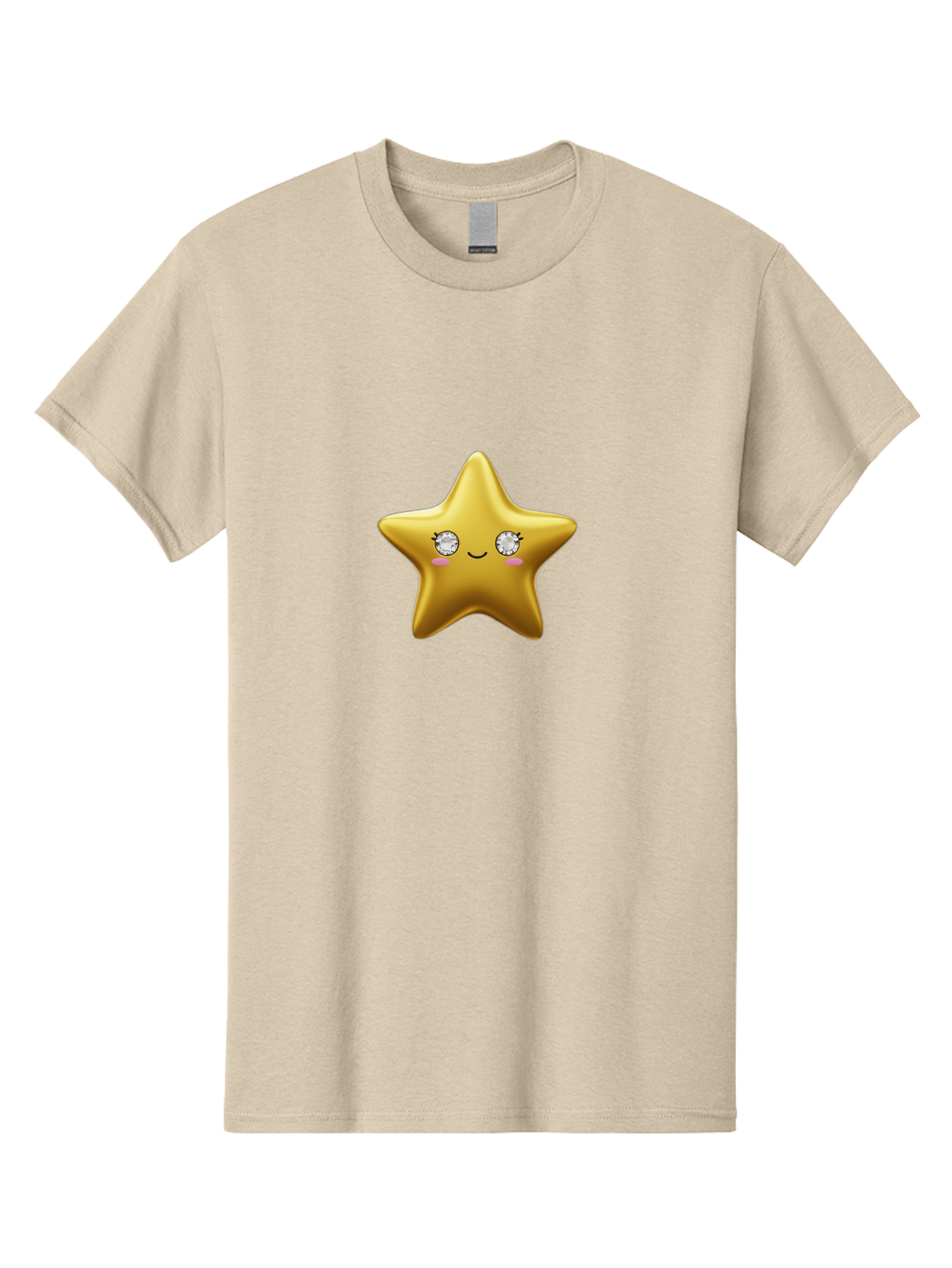 Golden-Star Men'S Graphic Tee, 100% Cotton, Comfortable Casual Summer Wear, Machine Washable, Shiny Golden Star, Cute Emoji, Diamond Eyes, Smiling Face, Pink Cheeks, Cartoon Character, Kawaii Design, Star Symbol, Shiny Texture, Bad159