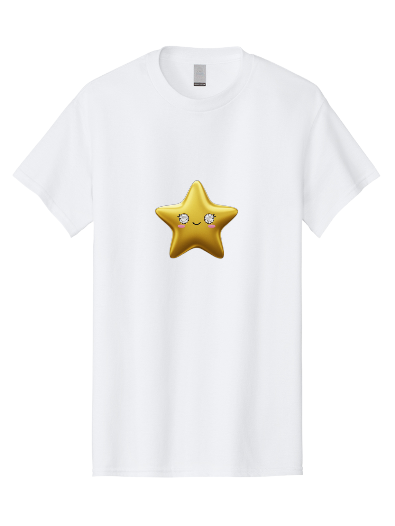 Golden-Star Men'S Graphic Tee, 100% Cotton, Comfortable Casual Summer Wear, Machine Washable, Shiny Golden Star, Cute Emoji, Diamond Eyes, Smiling Face, Pink Cheeks, Cartoon Character, Kawaii Design, Star Symbol, Shiny Texture, Bad159