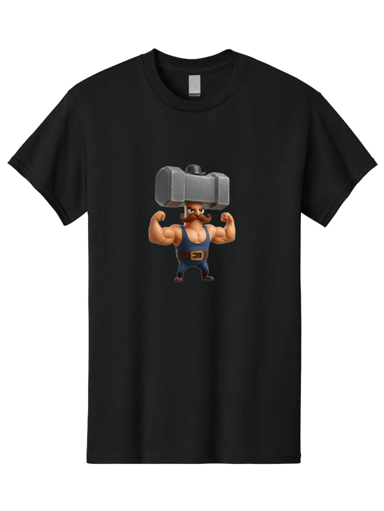 Golem Men'S Graphic Tee, 100% Cotton, Comfortable Casual Summer Wear, Machine Washable, Cartoon Character, Muscular Man, Blue Singlet, Big Mustache, Flexed Biceps, Strongman Pose, Fantasy Creature, Video Game Character, 3D Illustration, Bad160