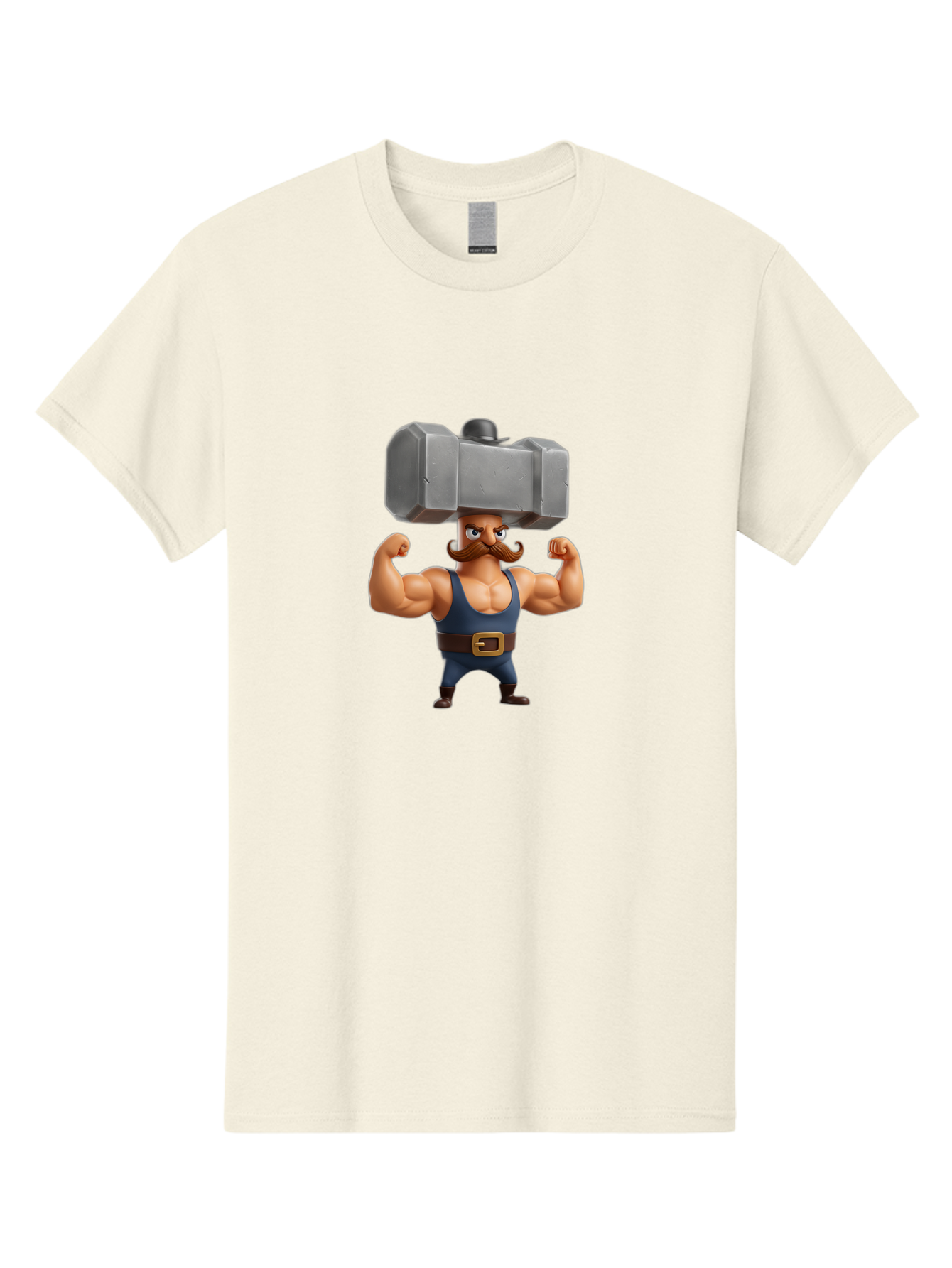 Golem Men'S Graphic Tee, 100% Cotton, Comfortable Casual Summer Wear, Machine Washable, Cartoon Character, Muscular Man, Blue Singlet, Big Mustache, Flexed Biceps, Strongman Pose, Fantasy Creature, Video Game Character, 3D Illustration, Bad160