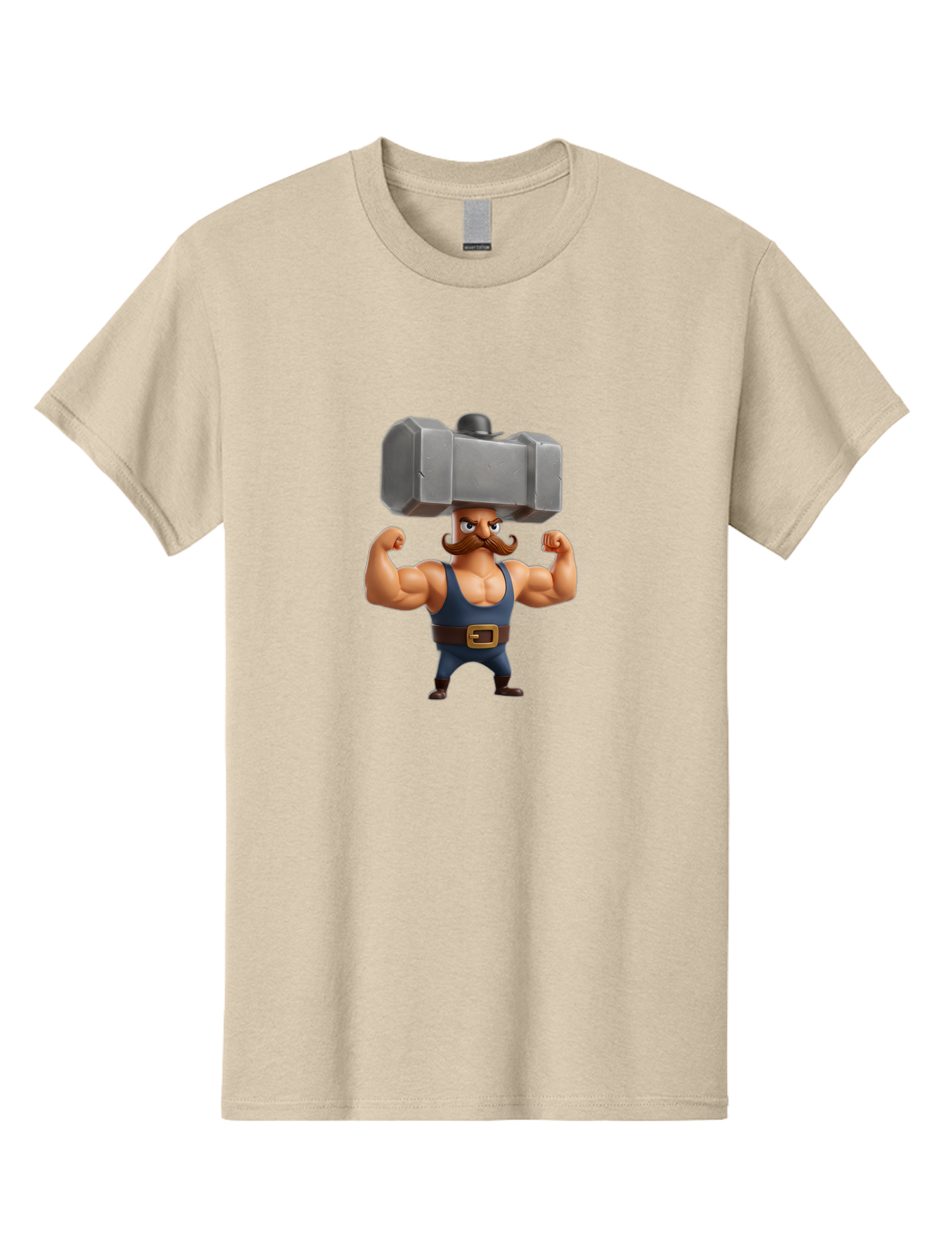 Golem Men'S Graphic Tee, 100% Cotton, Comfortable Casual Summer Wear, Machine Washable, Cartoon Character, Muscular Man, Blue Singlet, Big Mustache, Flexed Biceps, Strongman Pose, Fantasy Creature, Video Game Character, 3D Illustration, Bad160