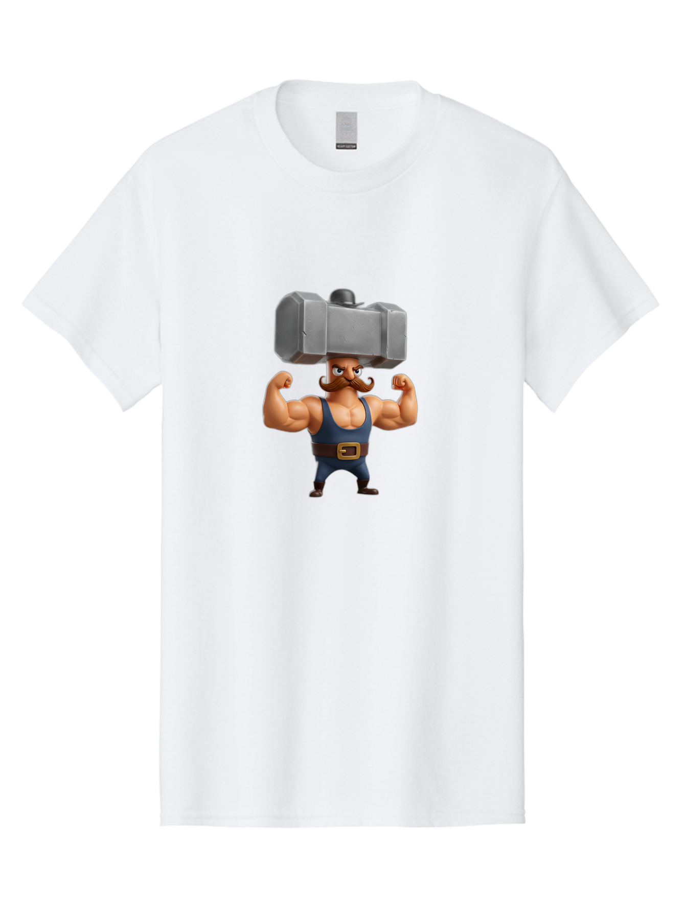 Golem Men'S Graphic Tee, 100% Cotton, Comfortable Casual Summer Wear, Machine Washable, Cartoon Character, Muscular Man, Blue Singlet, Big Mustache, Flexed Biceps, Strongman Pose, Fantasy Creature, Video Game Character, 3D Illustration, Bad160