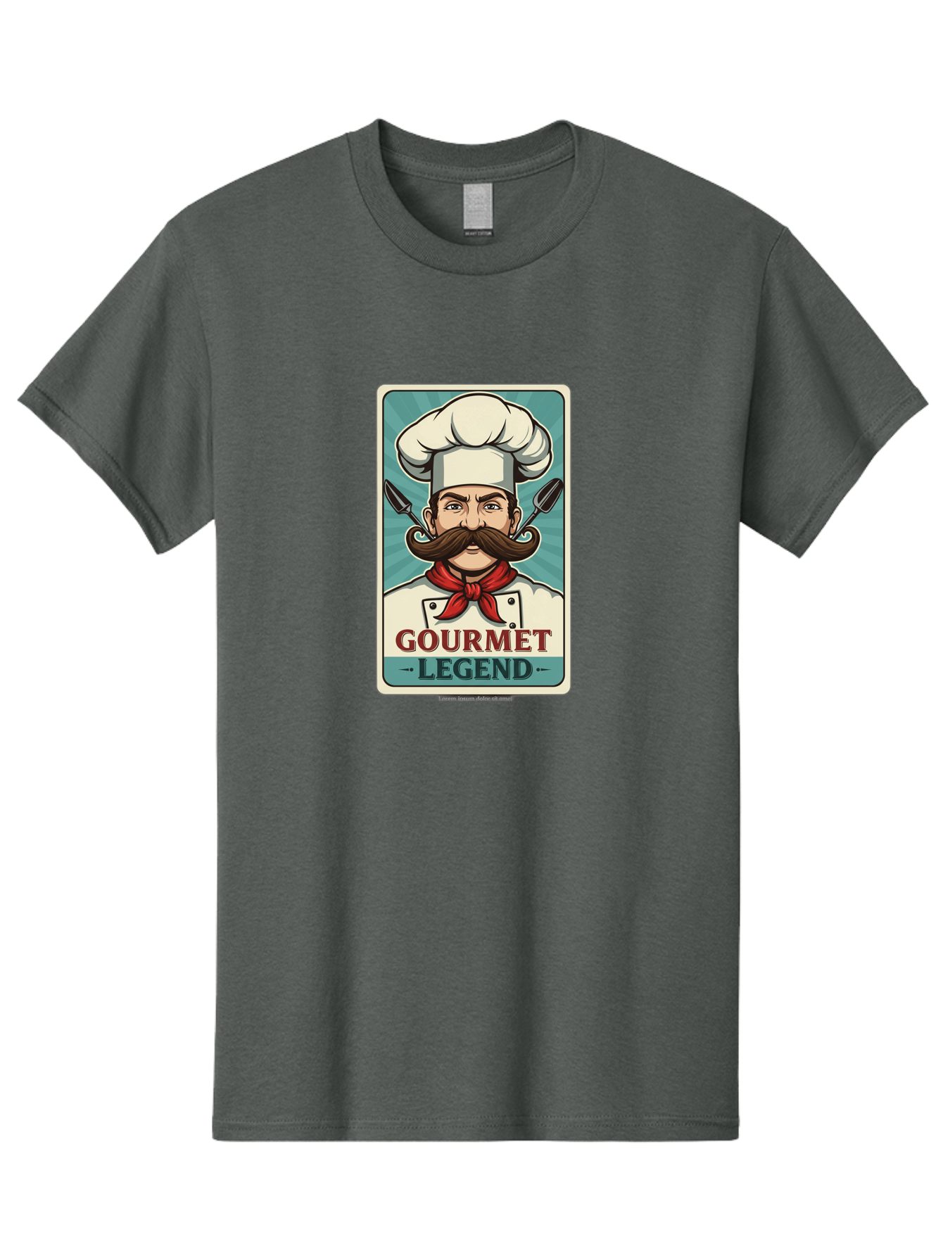 Gourmet-Legend Men'S Graphic Tee, 100% Cotton, Comfortable Casual Summer Wear, Machine Washable, Cartoon Chef, Luxury Cuisine, Fine Dining, Gourmet Food, Chef'S Hat, Red Bandana, Curved Mustache, Kitchen Knives, Gourmet Legend, Culinary Art Bad161