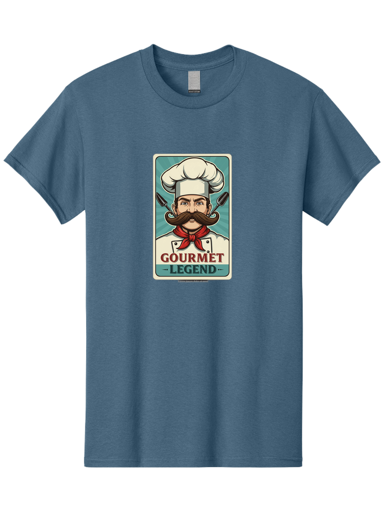 Gourmet-Legend Men'S Graphic Tee, 100% Cotton, Comfortable Casual Summer Wear, Machine Washable, Cartoon Chef, Luxury Cuisine, Fine Dining, Gourmet Food, Chef'S Hat, Red Bandana, Curved Mustache, Kitchen Knives, Gourmet Legend, Culinary Art Bad161