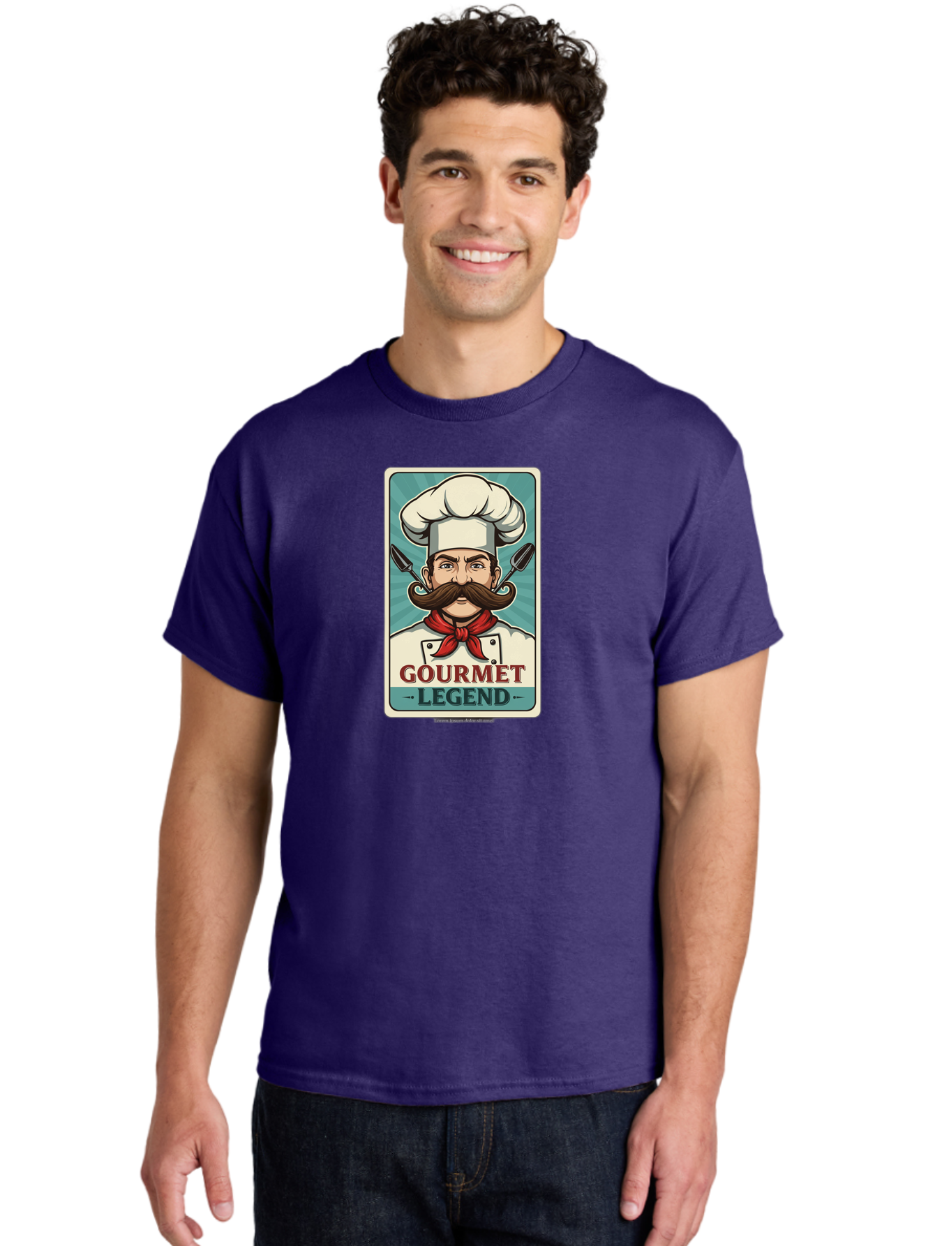 Gourmet-Legend Men'S Graphic Tee, 100% Cotton, Comfortable Casual Summer Wear, Machine Washable, Cartoon Chef, Luxury Cuisine, Fine Dining, Gourmet Food, Chef'S Hat, Red Bandana, Curved Mustache, Kitchen Knives, Gourmet Legend, Culinary Art Bad161