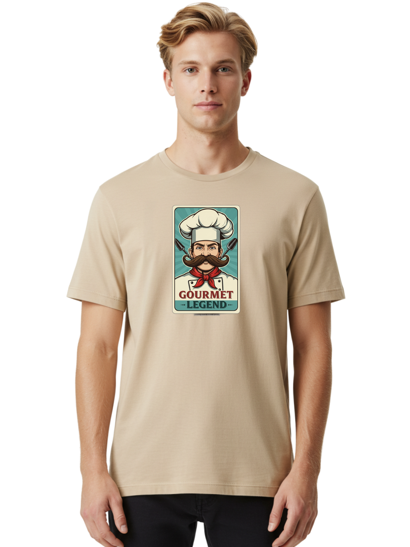 Gourmet-Legend Men'S Graphic Tee, 100% Cotton, Comfortable Casual Summer Wear, Machine Washable, Cartoon Chef, Luxury Cuisine, Fine Dining, Gourmet Food, Chef'S Hat, Red Bandana, Curved Mustache, Kitchen Knives, Gourmet Legend, Culinary Art Bad161