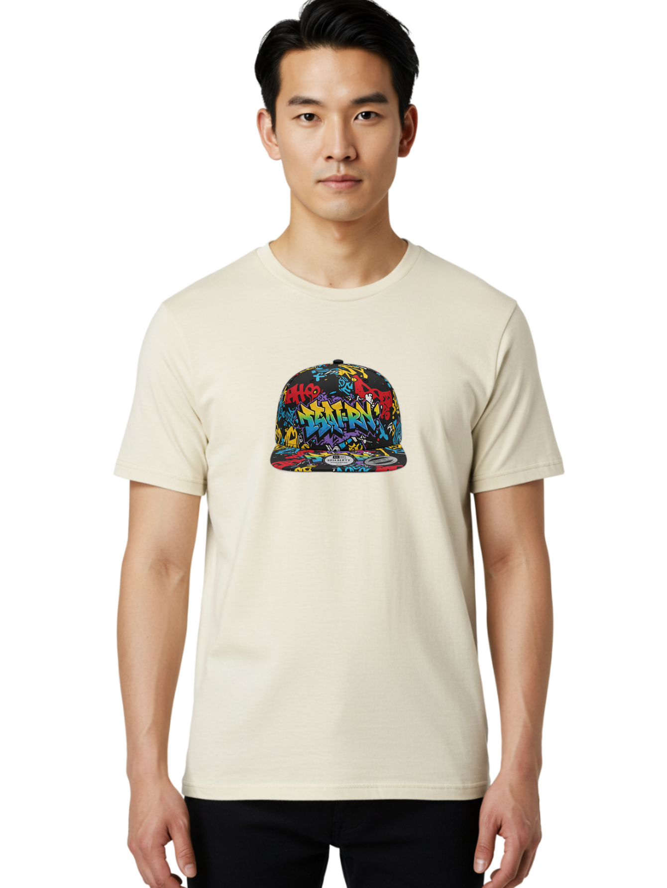 Graffiti-Baseball-Cap Men'S Graphic Tee, 100% Cotton, Comfortable Casual Summer Wear, Machine Washable, Graffiti Art, Colorful Hat, Streetwear Fashion, Baseball Cap, Urban Style, Vibrant Colors, New Era Label, Bold Graphics, Bad164
