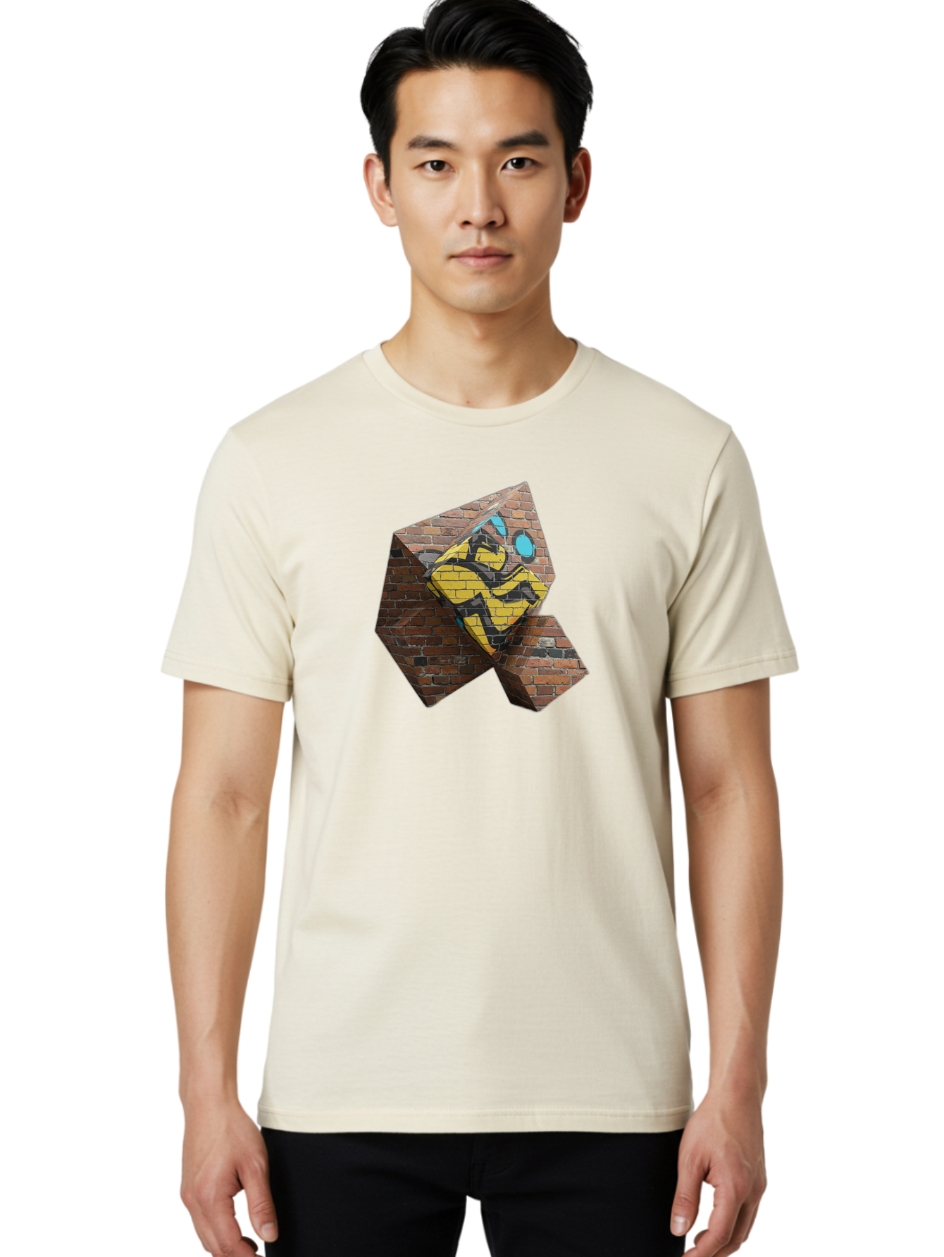 Graffiti-Peace-Sign Men'S Graphic Tee, 100% Cotton, Comfortable Casual Summer Wear, Machine Washable, Graffiti Art, Street Art, Urban Culture, Vandalism, Yellow And Black Colors, Abstract Design, Fragmented Brick Wall, 3D Effect, Bad165