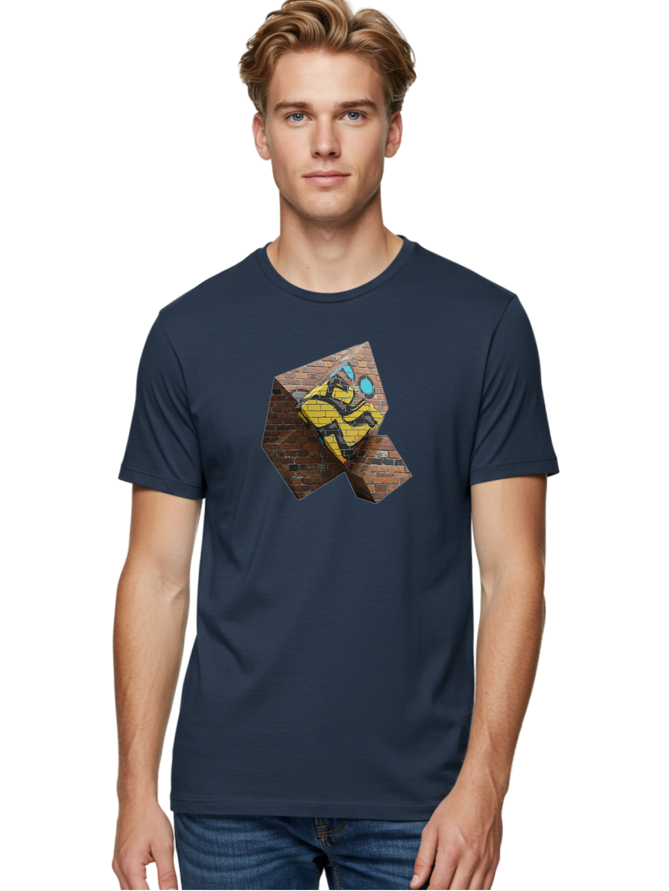 Graffiti-Peace-Sign Men'S Graphic Tee, 100% Cotton, Comfortable Casual Summer Wear, Machine Washable, Graffiti Art, Street Art, Urban Culture, Vandalism, Yellow And Black Colors, Abstract Design, Fragmented Brick Wall, 3D Effect, Bad165