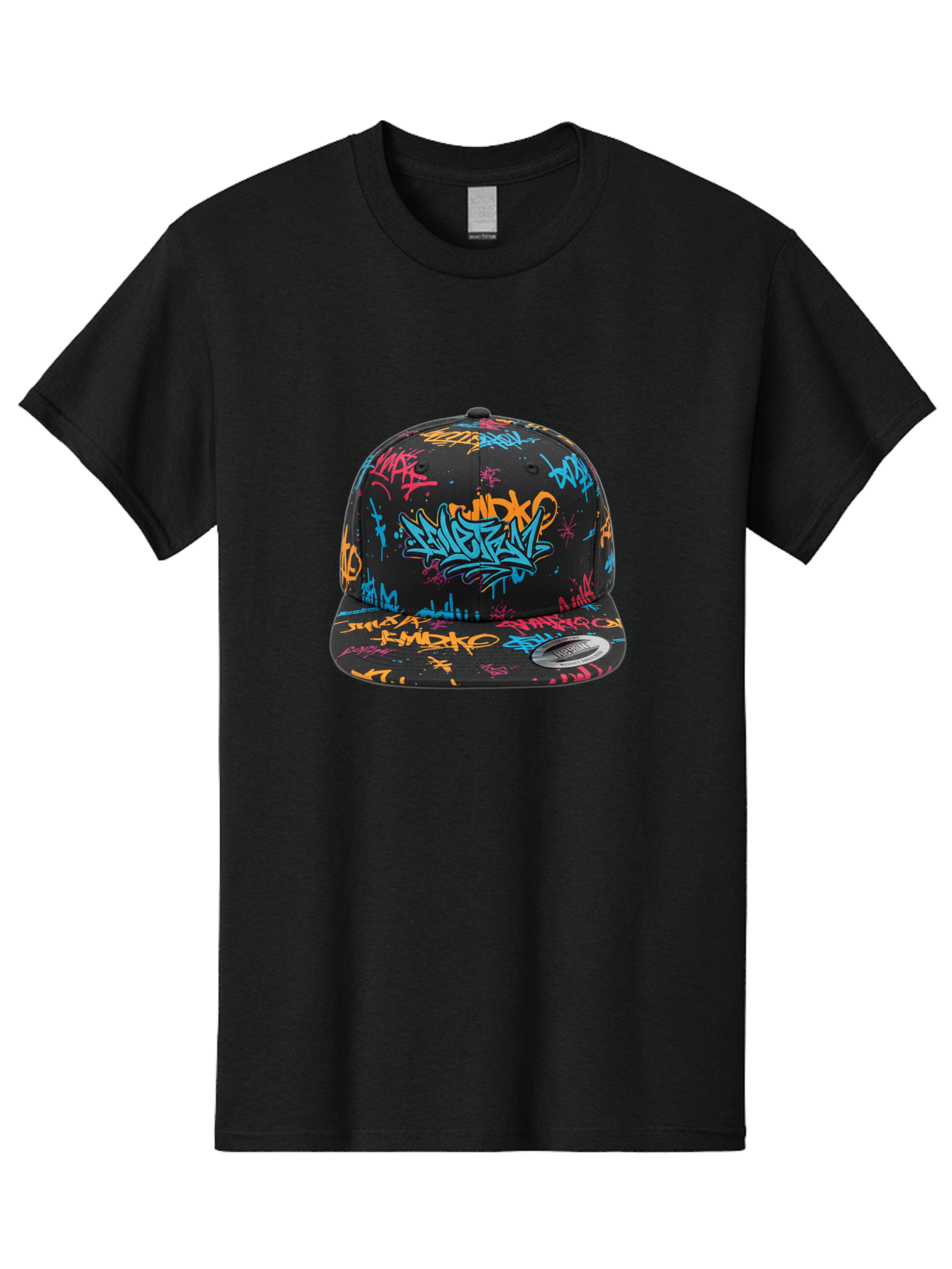 Graffiti-Snapback Men'S Graphic Tee, 100% Cotton, Comfortable Casual Summer Wear, Machine Washable, Graffiti Cap, Urban Style, Streetwear Fashion, Black Baseball Cap, Colorful Graffiti, Bold Design, Trendy Accessory, New Era Cap, Custom Hat, Bad166