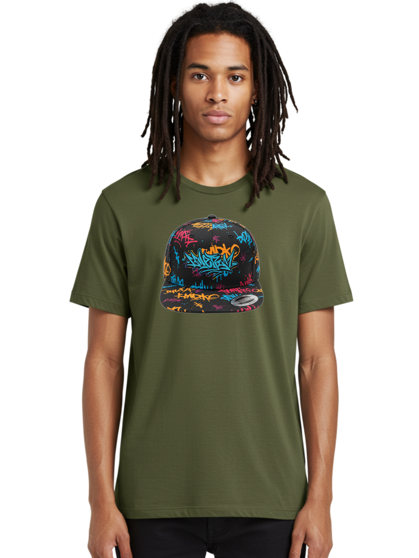 Graffiti-Snapback Men'S Graphic Tee, 100% Cotton, Comfortable Casual Summer Wear, Machine Washable, Graffiti Cap, Urban Style, Streetwear Fashion, Black Baseball Cap, Colorful Graffiti, Bold Design, Trendy Accessory, New Era Cap, Custom Hat, Bad166