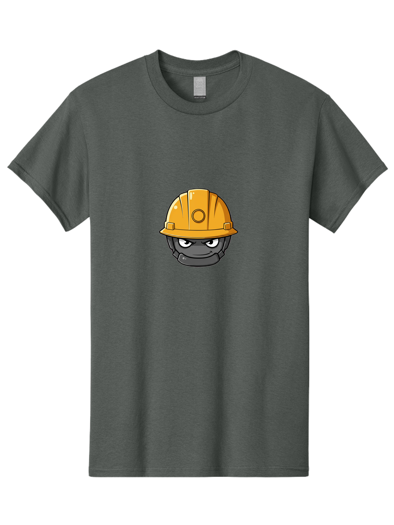 Gray-Character-In-Orange-Hard-Hat Men'S Graphic Tee, 100% Cotton, Comfortable Casual Summer Wear, Machine Washable, Construction Worker, Hard Hat, Yellow Helmet, Menacing Face, Construction Site, Laborer, Worker, Industry, Safety Gear, Bad168