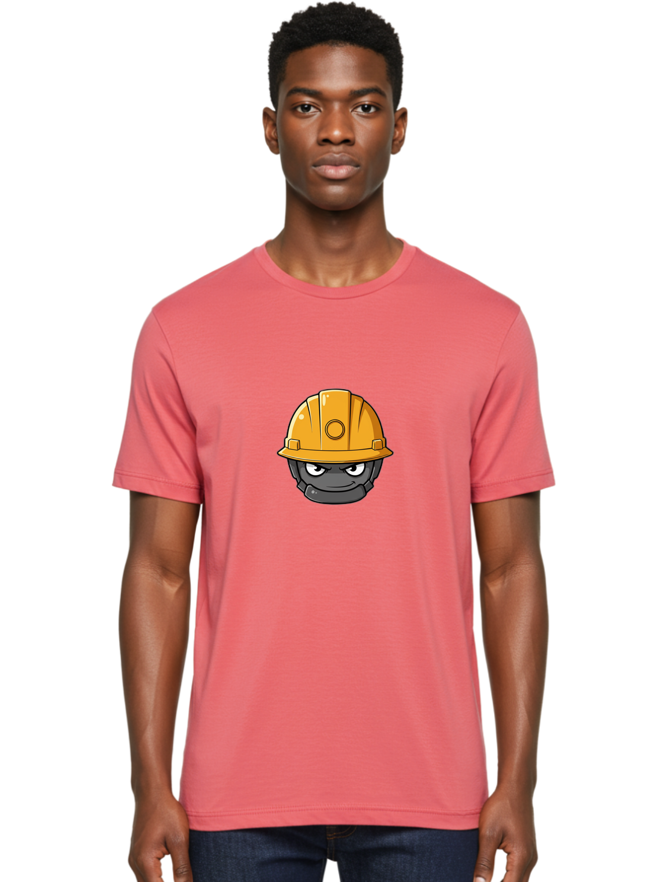 Gray-Character-In-Orange-Hard-Hat Men'S Graphic Tee, 100% Cotton, Comfortable Casual Summer Wear, Machine Washable, Construction Worker, Hard Hat, Yellow Helmet, Menacing Face, Construction Site, Laborer, Worker, Industry, Safety Gear, Bad168