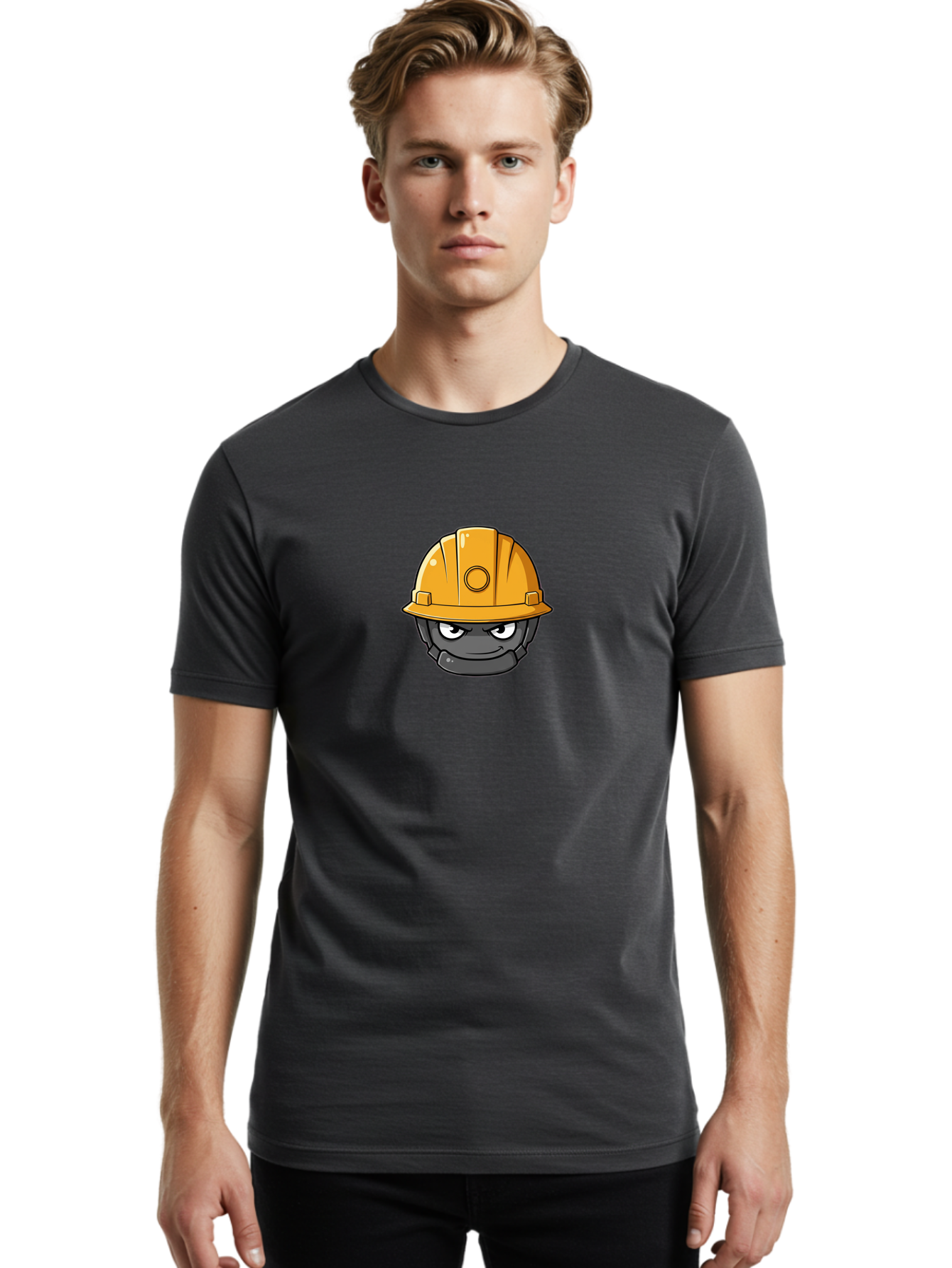 Gray-Character-In-Orange-Hard-Hat Men'S Graphic Tee, 100% Cotton, Comfortable Casual Summer Wear, Machine Washable, Construction Worker, Hard Hat, Yellow Helmet, Menacing Face, Construction Site, Laborer, Worker, Industry, Safety Gear, Bad168