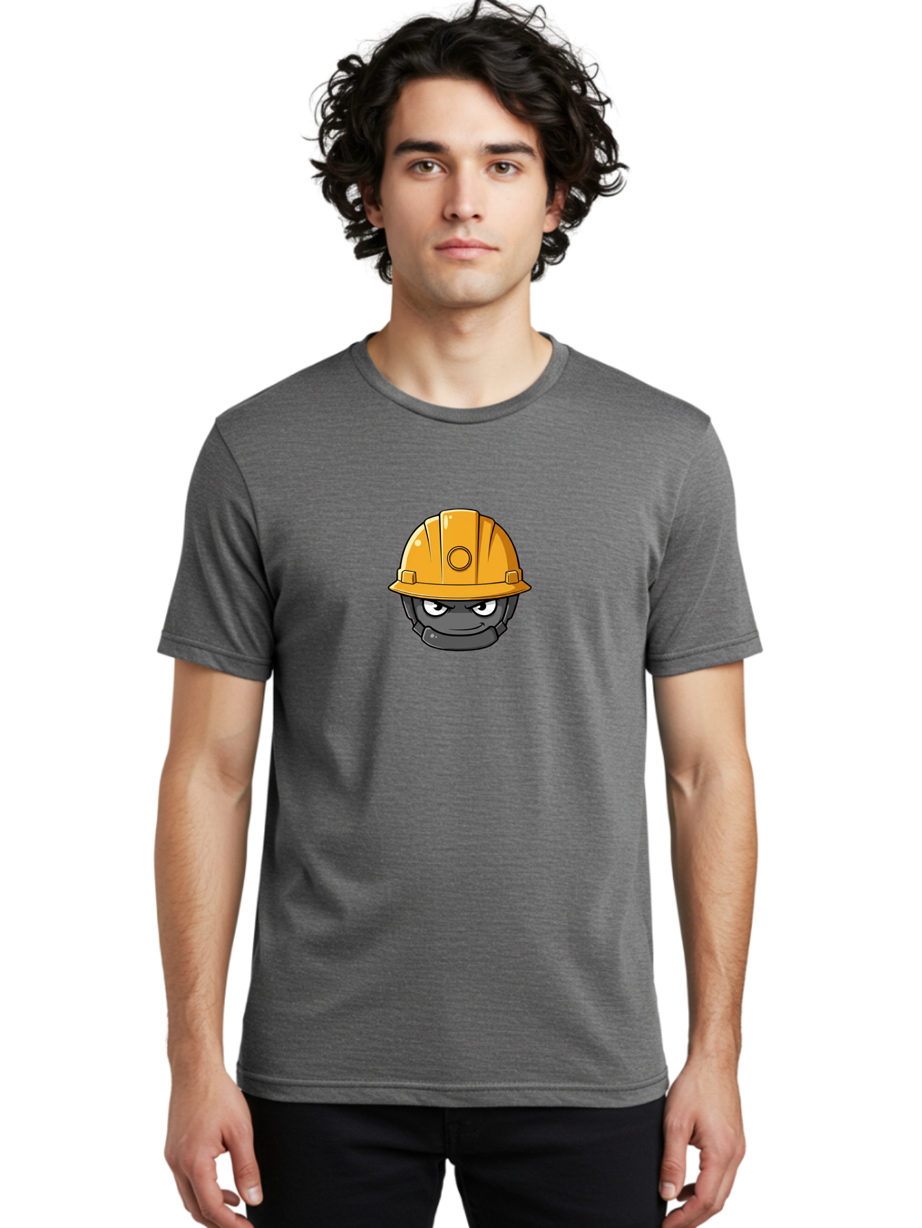 Gray-Character-In-Orange-Hard-Hat Men'S Graphic Tee, 100% Cotton, Comfortable Casual Summer Wear, Machine Washable, Construction Worker, Hard Hat, Yellow Helmet, Menacing Face, Construction Site, Laborer, Worker, Industry, Safety Gear, Bad168
