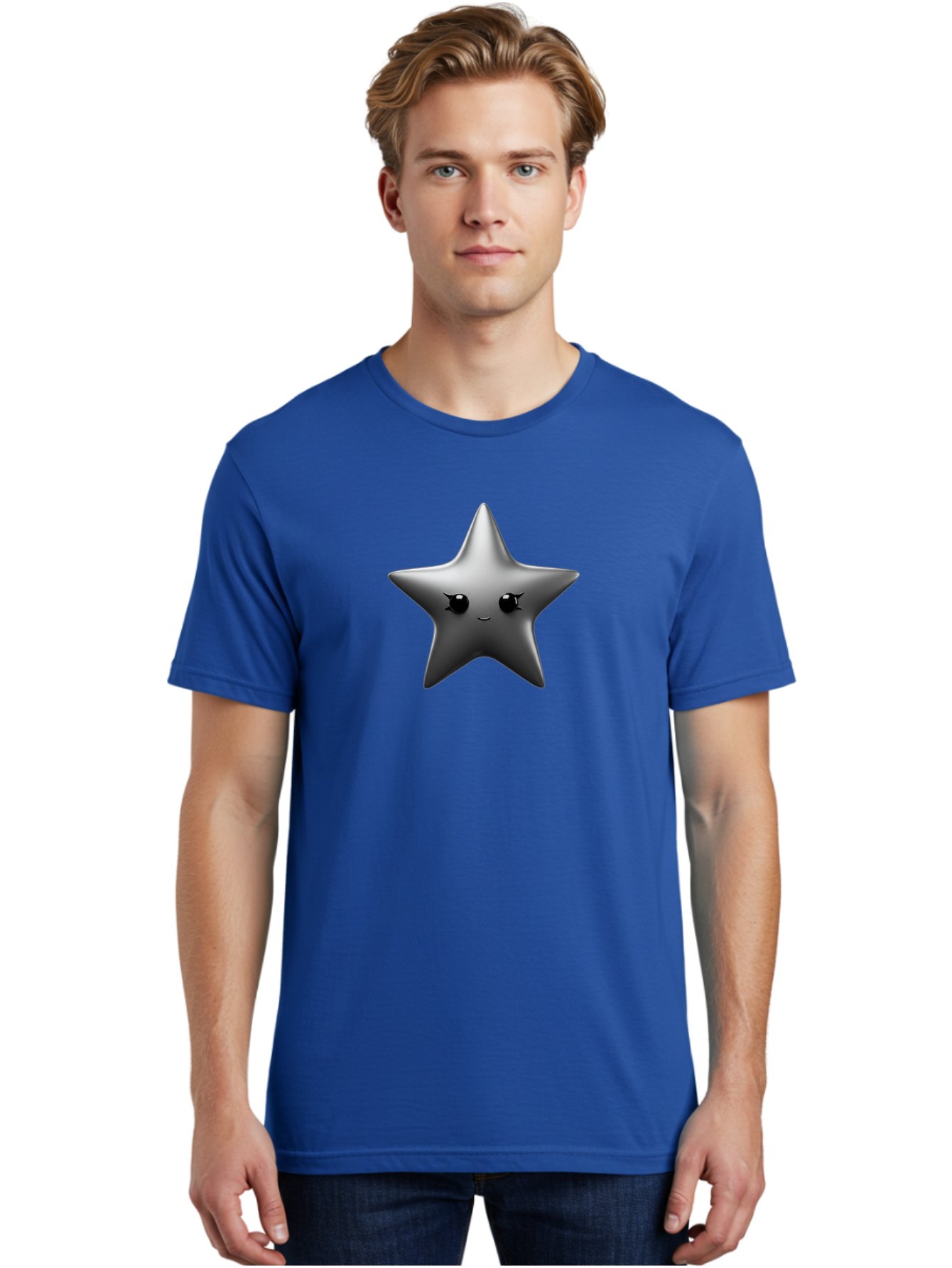 Grey-Star Men'S Graphic Tee, 100% Cotton, Comfortable Casual Summer Wear, Machine Washable, Cartoon Star, Silver Star, Cute Star, Feminine Face, Shiny, Glossy, Adorable, Charming, Whimsical, Fantasy Bad169