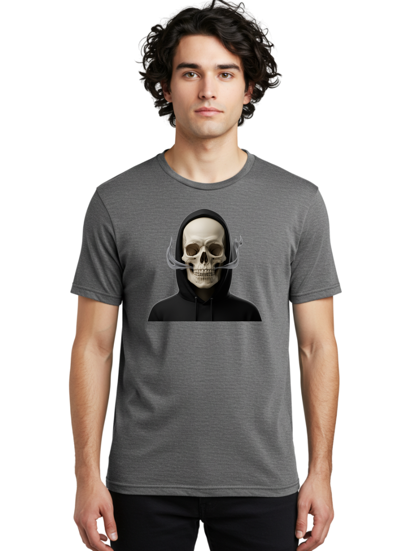 Grim-Reaper-Skull Men'S Graphic Tee, 100% Cotton, Comfortable Casual Summer Wear, Machine Washable, Skull Wearing Hoodie, Ghostly Figure, Surreal Art, Mystical Creature, Dark Fantasy, Eerie Atmosphere, Gothic Style, Mysterious Entity, Bad170
