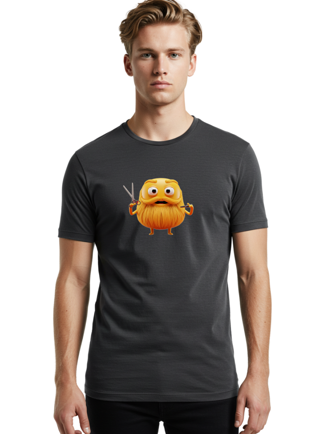 Grooming-Character Men'S Graphic Tee, 100% Cotton, Comfortable Casual Summer Wear, Machine Washable, Anthropomorphic Bread, Cartoon Character, Grooming, Scissors, Comb, Funny, Quirky, Humorous, Cartoon Style, Bread Character, Mustache, Beard Bad171