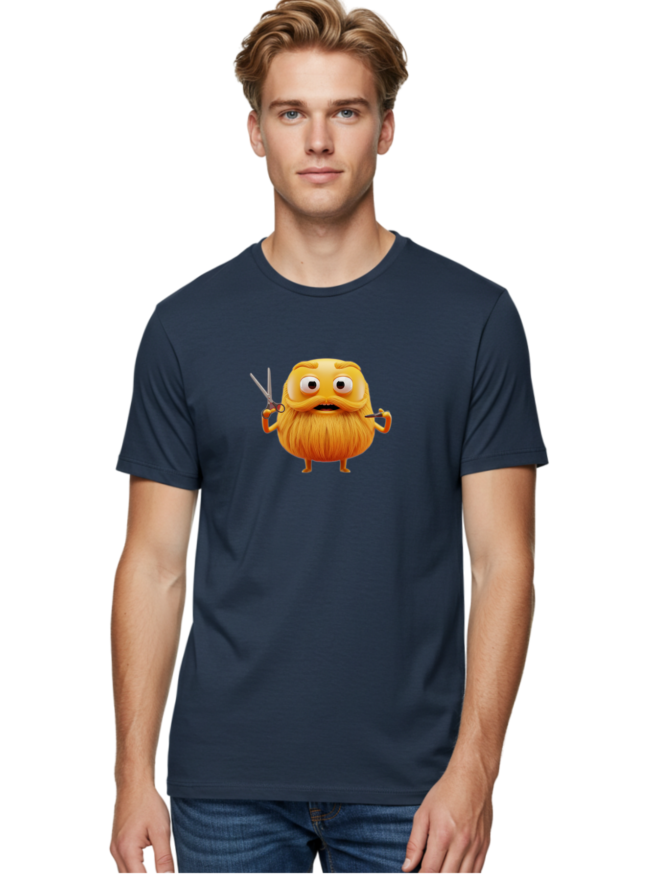 Grooming-Character Men'S Graphic Tee, 100% Cotton, Comfortable Casual Summer Wear, Machine Washable, Anthropomorphic Bread, Cartoon Character, Grooming, Scissors, Comb, Funny, Quirky, Humorous, Cartoon Style, Bread Character, Mustache, Beard Bad171