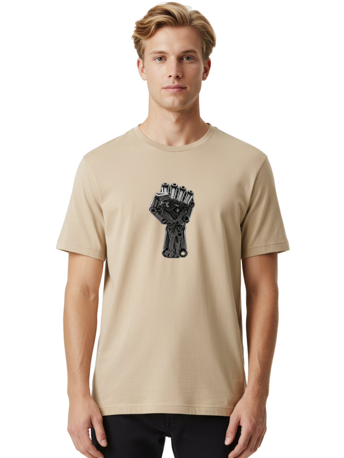 Gun-Hand Men'S Graphic Tee, 100% Cotton, Comfortable Casual Summer Wear, Machine Washable, Hand Made From Guns, Gun Violence, Protest Art, Mechanical Hand, Creative Sculpture, Social Commentary, Symbolic Representation, Powerful Statement, Bad173