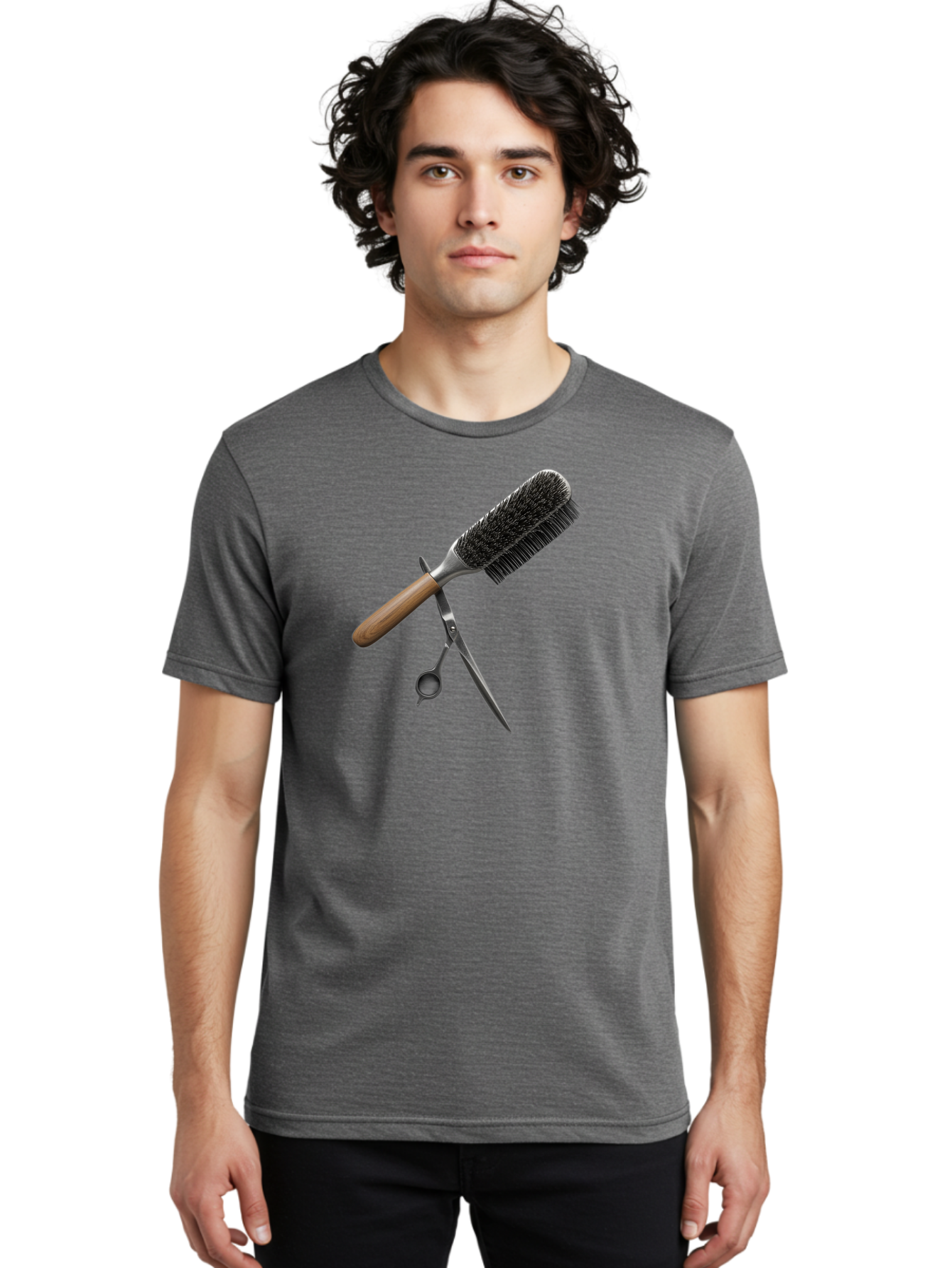 Hairbrush-And-Scissors Men'S Graphic Tee, 100% Cotton, Comfortable Casual Summer Wear, Machine Washable, Hair Cutting Tools, Hair Care, Styling Equipment, Salon Essentials, Grooming Accessories, Round Brush, Scissors Bad175