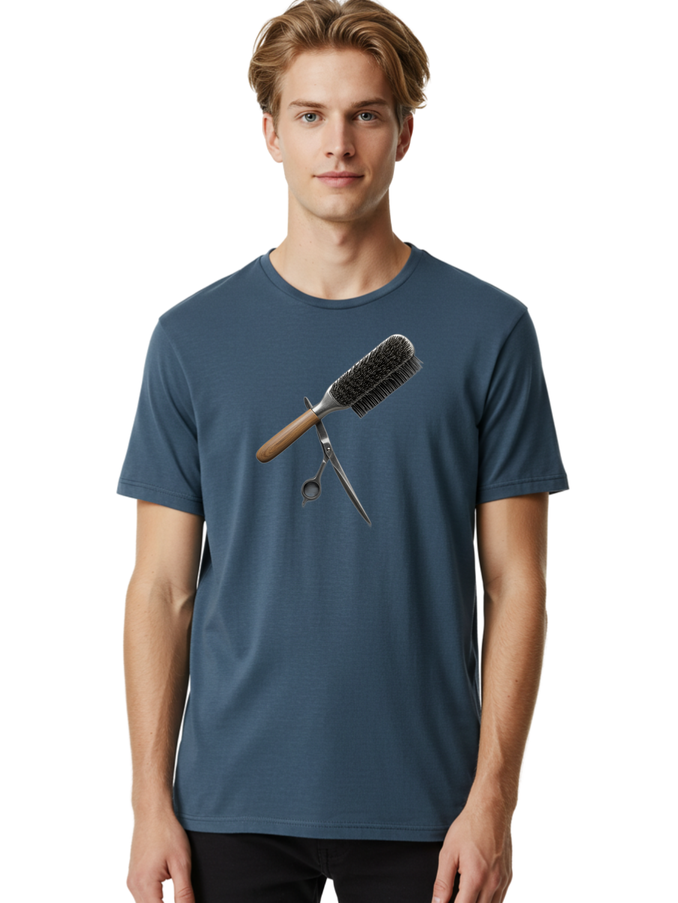 Hairbrush-And-Scissors Men'S Graphic Tee, 100% Cotton, Comfortable Casual Summer Wear, Machine Washable, Hair Cutting Tools, Hair Care, Styling Equipment, Salon Essentials, Grooming Accessories, Round Brush, Scissors Bad175