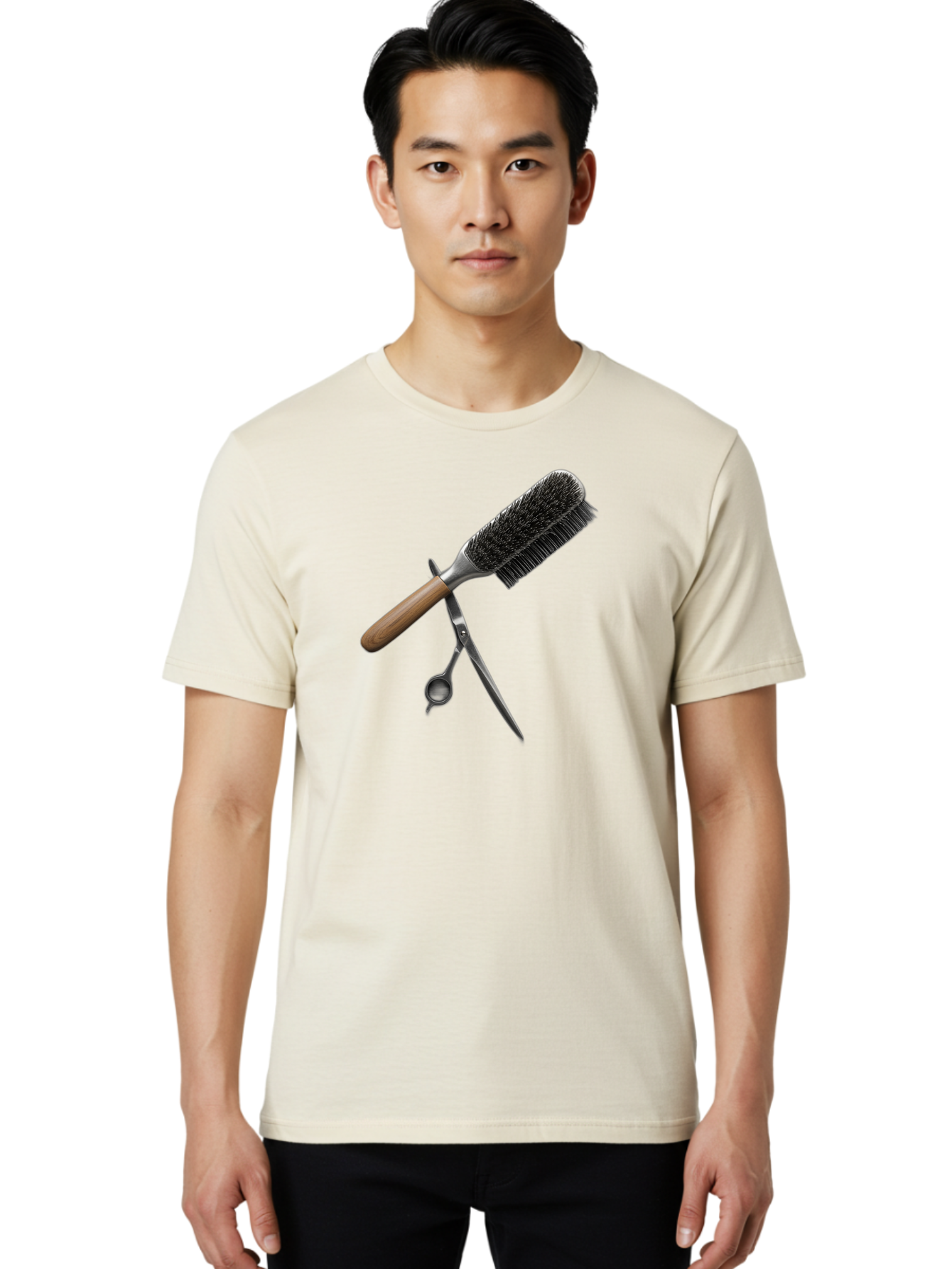 Hairbrush-And-Scissors Men'S Graphic Tee, 100% Cotton, Comfortable Casual Summer Wear, Machine Washable, Hair Cutting Tools, Hair Care, Styling Equipment, Salon Essentials, Grooming Accessories, Round Brush, Scissors Bad175