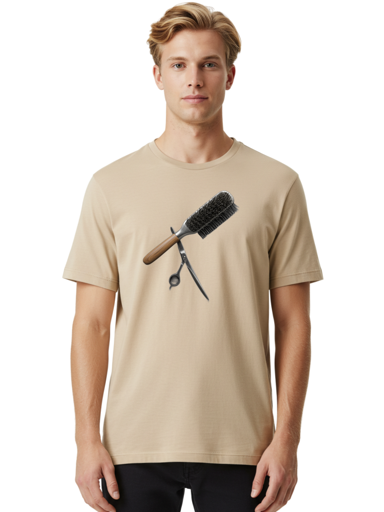 Hairbrush-And-Scissors Men'S Graphic Tee, 100% Cotton, Comfortable Casual Summer Wear, Machine Washable, Hair Cutting Tools, Hair Care, Styling Equipment, Salon Essentials, Grooming Accessories, Round Brush, Scissors Bad175
