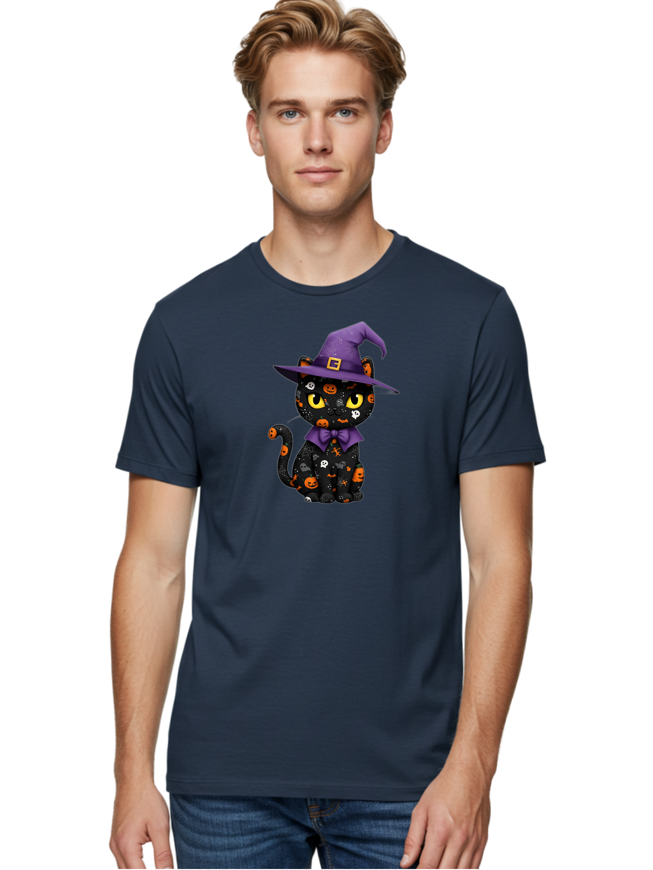 Halloween-Cat Men'S Graphic Tee, 100% Cotton, Comfortable Casual Summer Wear, Machine Washable, Black Cat With Halloween Design, Witch Hat, Purple Bow Tie, Halloween Decorations, Jack-O-Lanterns, Spooky Atmosphere, Halloween Theme, Bad176