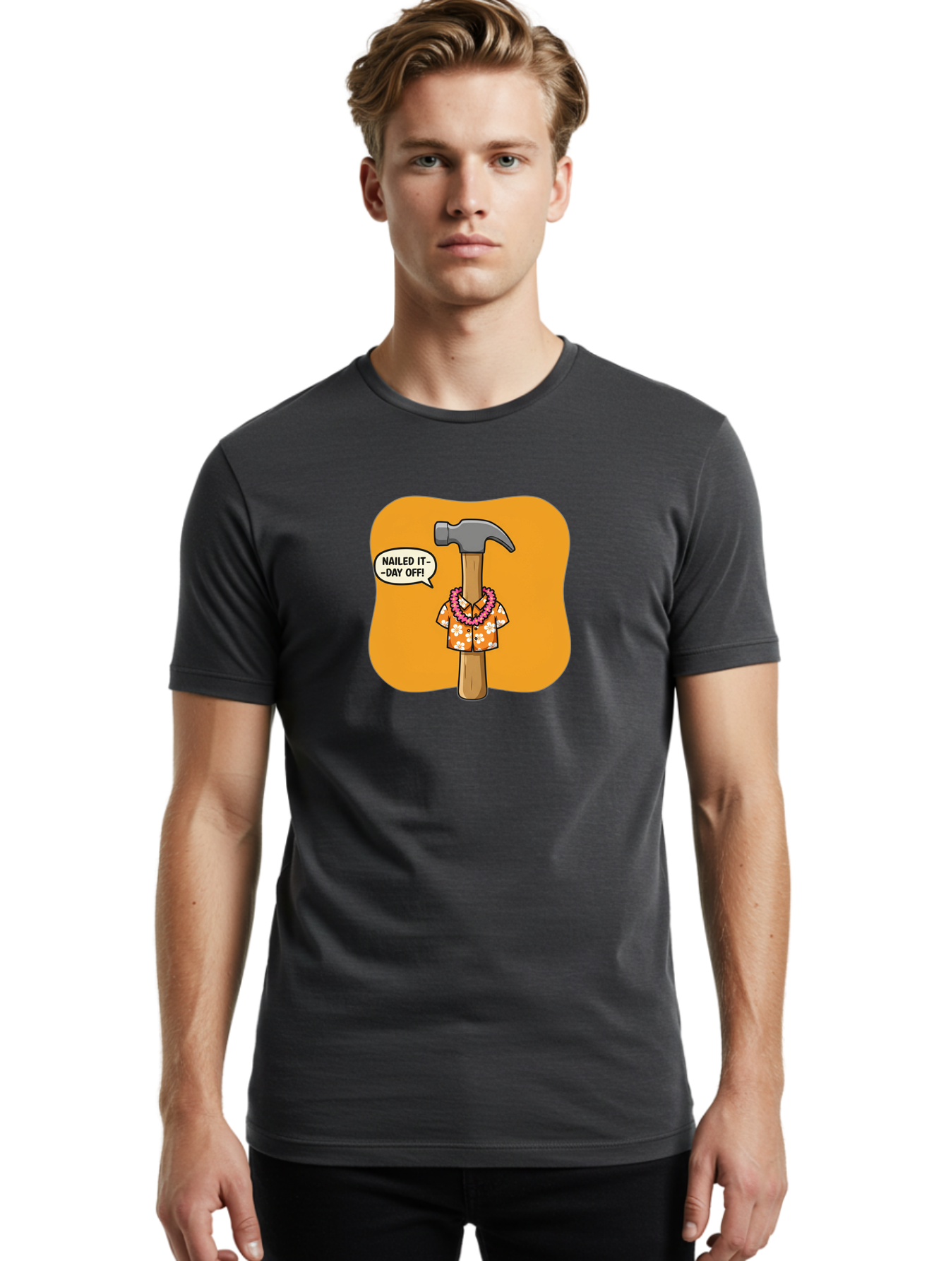 Hammer-In-Hawaiian-Shirt Men'S Graphic Tee, 100% Cotton, Comfortable Casual Summer Wear, Machine Washable, Funny Cartoon Hammer, Hawaiian Shirt, Leis, Humorous Expression, Nailed It-Day Off!, Cartoon Character, Comical Illustration, Bad180