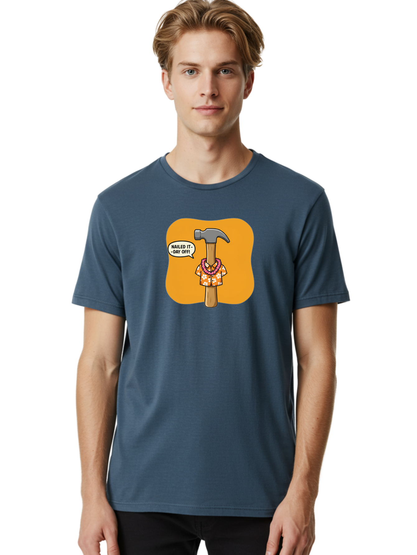 Hammer-In-Hawaiian-Shirt Men'S Graphic Tee, 100% Cotton, Comfortable Casual Summer Wear, Machine Washable, Funny Cartoon Hammer, Hawaiian Shirt, Leis, Humorous Expression, Nailed It-Day Off!, Cartoon Character, Comical Illustration, Bad180