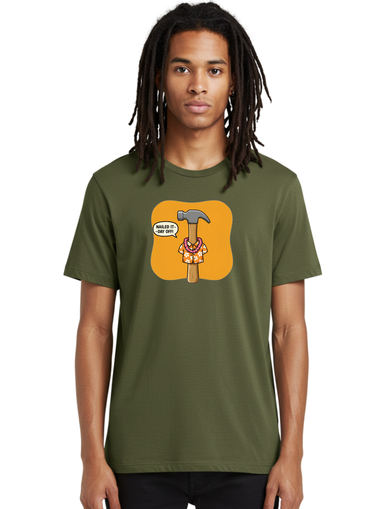 Hammer-In-Hawaiian-Shirt Men'S Graphic Tee, 100% Cotton, Comfortable Casual Summer Wear, Machine Washable, Funny Cartoon Hammer, Hawaiian Shirt, Leis, Humorous Expression, Nailed It-Day Off!, Cartoon Character, Comical Illustration, Bad180