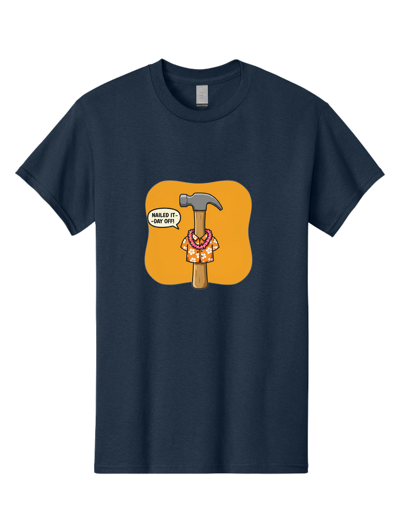 Hammer-In-Hawaiian-Shirt Men'S Graphic Tee, 100% Cotton, Comfortable Casual Summer Wear, Machine Washable, Funny Cartoon Hammer, Hawaiian Shirt, Leis, Humorous Expression, Nailed It-Day Off!, Cartoon Character, Comical Illustration, Bad180