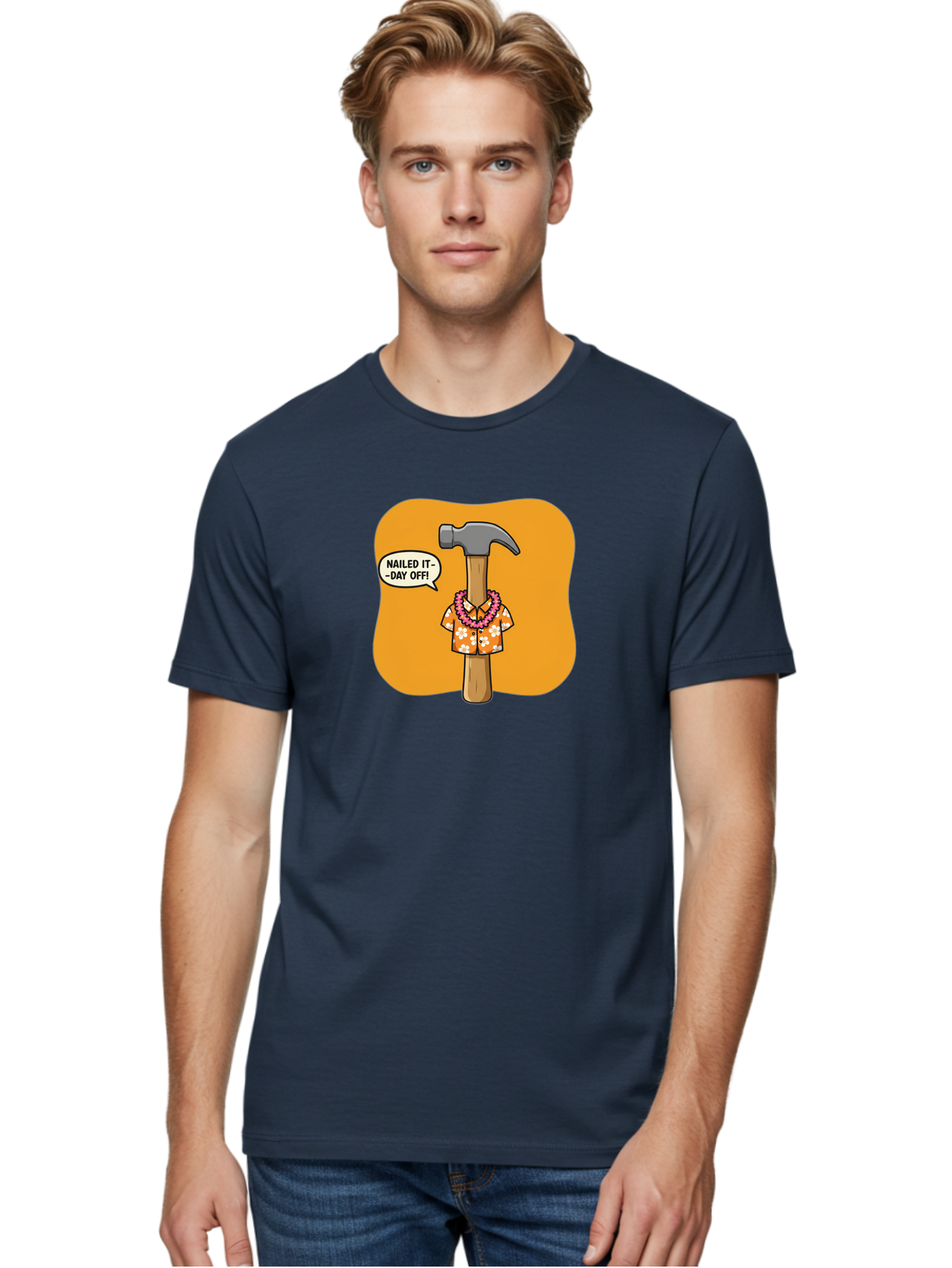 Hammer-In-Hawaiian-Shirt Men'S Graphic Tee, 100% Cotton, Comfortable Casual Summer Wear, Machine Washable, Funny Cartoon Hammer, Hawaiian Shirt, Leis, Humorous Expression, Nailed It-Day Off!, Cartoon Character, Comical Illustration, Bad180