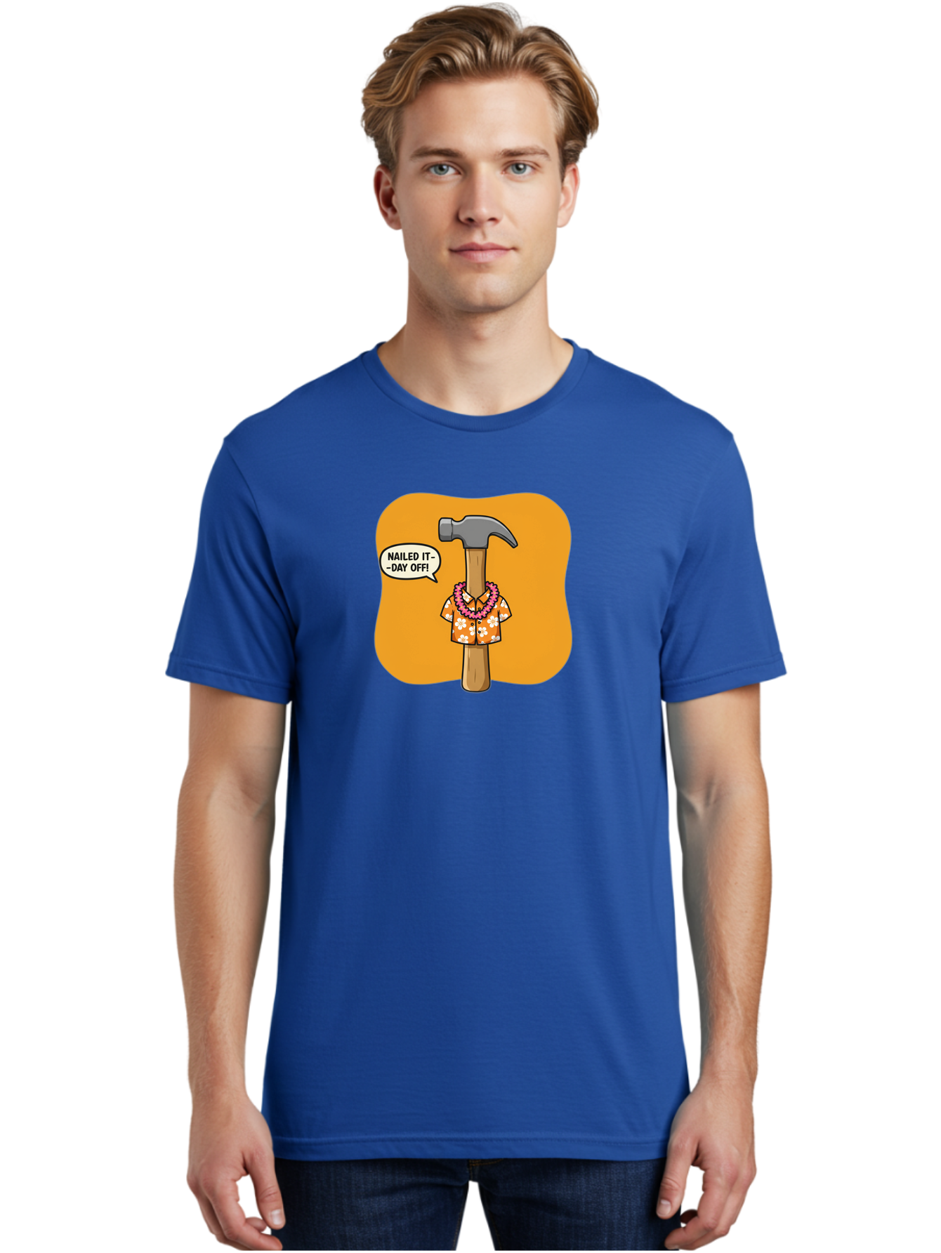 Hammer-In-Hawaiian-Shirt Men'S Graphic Tee, 100% Cotton, Comfortable Casual Summer Wear, Machine Washable, Funny Cartoon Hammer, Hawaiian Shirt, Leis, Humorous Expression, Nailed It-Day Off!, Cartoon Character, Comical Illustration, Bad180