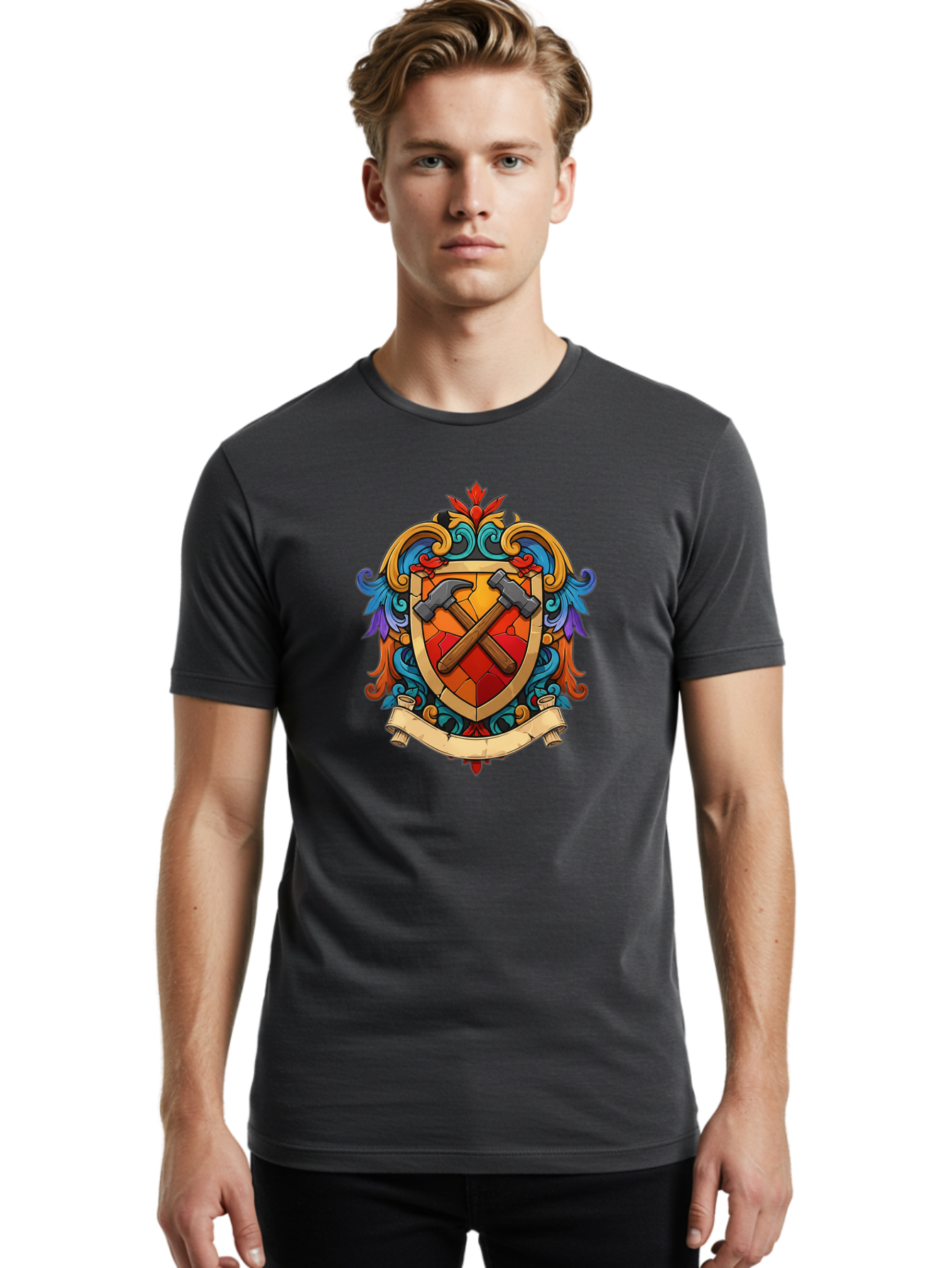 Hammer-Shield-Crest Men'S Graphic Tee, 100% Cotton, Comfortable Casual Summer Wear, Machine Washable, Crossed Hammers, Shield Crest, Ornate Design, Vintage Style, Carpentry Tools, Craftsmanship, Decorative Emblem, Symbolic Logo, Bad181