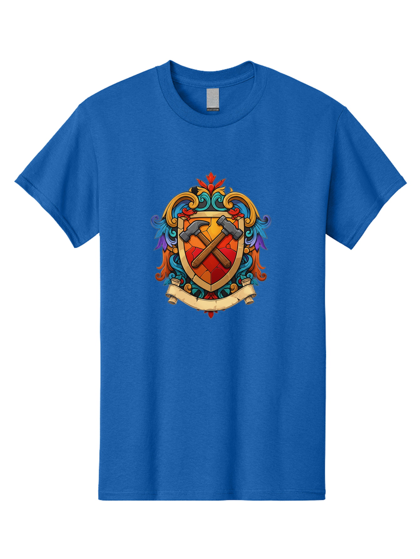 Hammer-Shield-Crest Men'S Graphic Tee, 100% Cotton, Comfortable Casual Summer Wear, Machine Washable, Crossed Hammers, Shield Crest, Ornate Design, Vintage Style, Carpentry Tools, Craftsmanship, Decorative Emblem, Symbolic Logo, Bad181