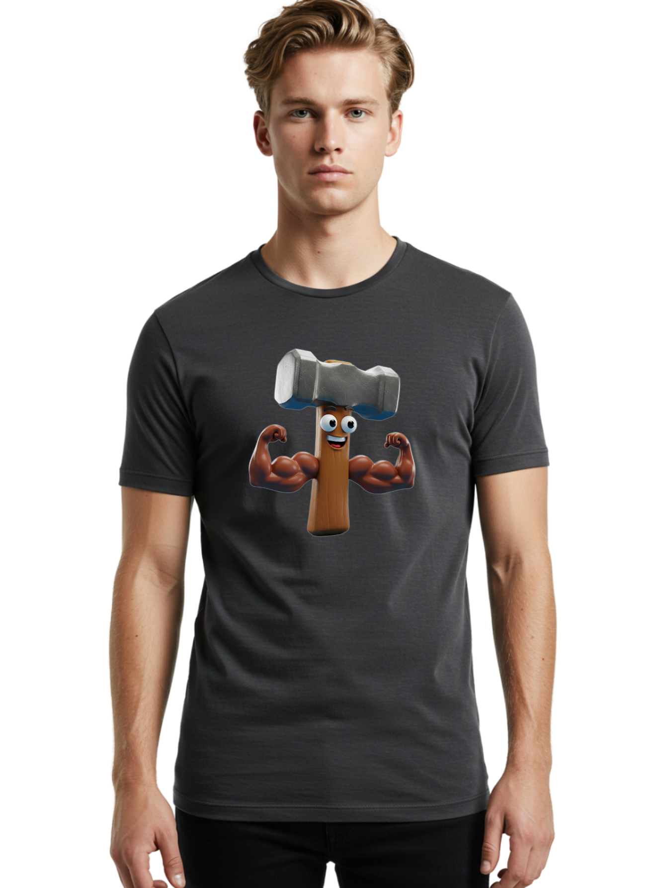 Hammer Men'S Graphic Tee, 100% Cotton, Comfortable Casual Summer Wear, Machine Washable, Cartoon Nail, Muscular Arms, Flexing Biceps, Funny Character, Hammer On Head, Playful Humor, Comical Pose, Anthropomorphic Object, Whimsical Design Bad182