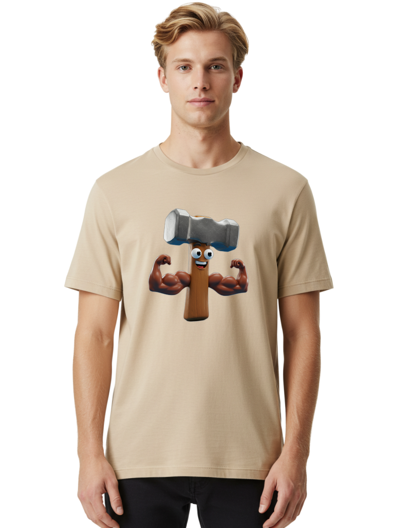 Hammer Men'S Graphic Tee, 100% Cotton, Comfortable Casual Summer Wear, Machine Washable, Cartoon Nail, Muscular Arms, Flexing Biceps, Funny Character, Hammer On Head, Playful Humor, Comical Pose, Anthropomorphic Object, Whimsical Design Bad182