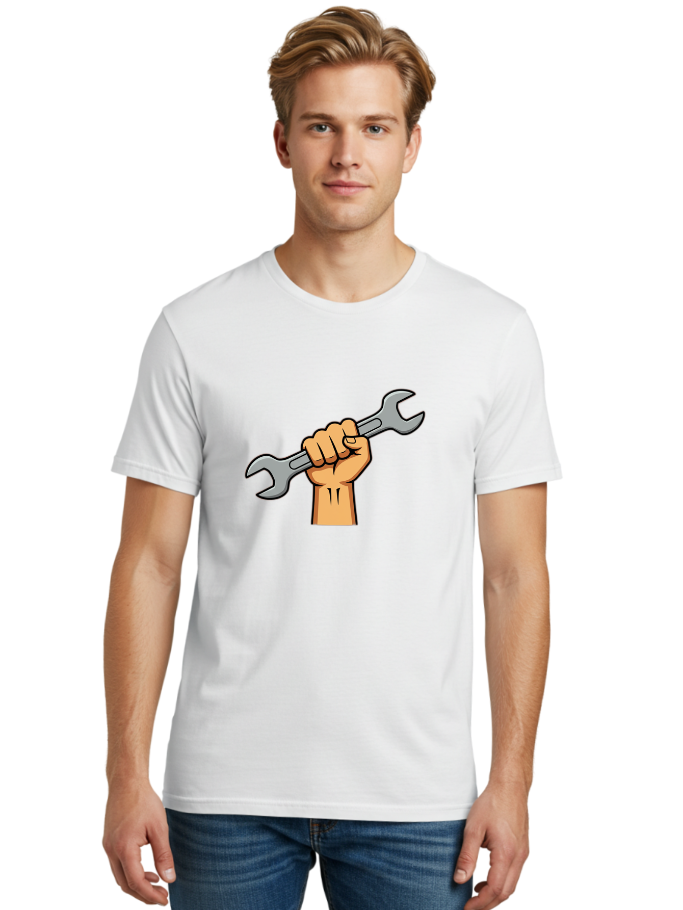 Hand-Holding-Spanner-1 Men'S Graphic Tee, 100% Cotton, Comfortable Casual Summer Wear, Machine Washable, Hand Holding Wrench, Adjustable Wrench, Hand Tool, Diy Repair, Handyman Tools, Repair Work, Maintenance Task, Mechanical Repair Bad183