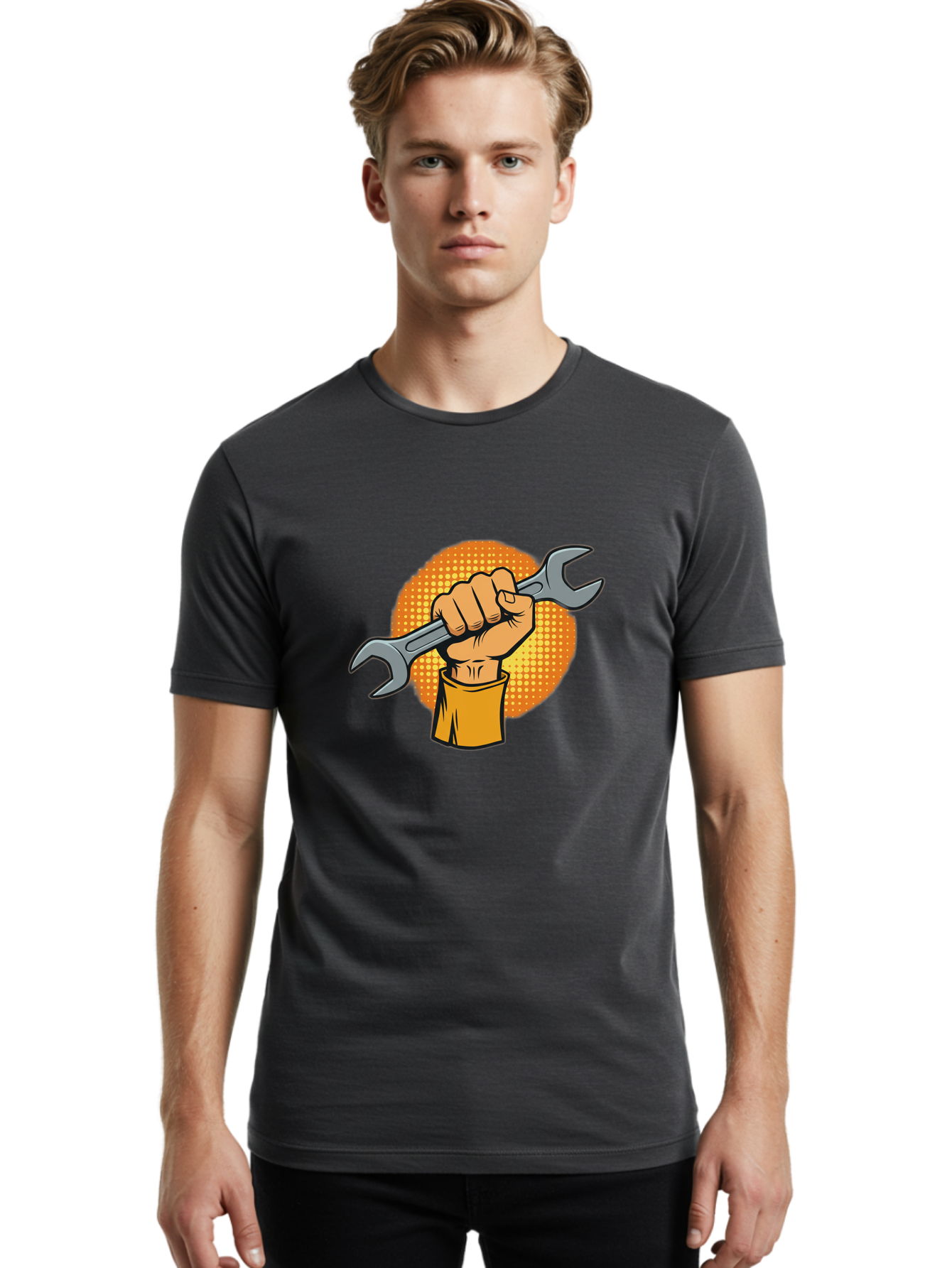Hand-Holding-Spanner Men'S Graphic Tee, 100% Cotton, Comfortable Casual Summer Wear, Machine Washable, Hand Holding Wrench, Diy Repair, Mechanic Tools, Toolbox Essentials, Handyman Work, Repair Services, Construction Equipment, Bad184