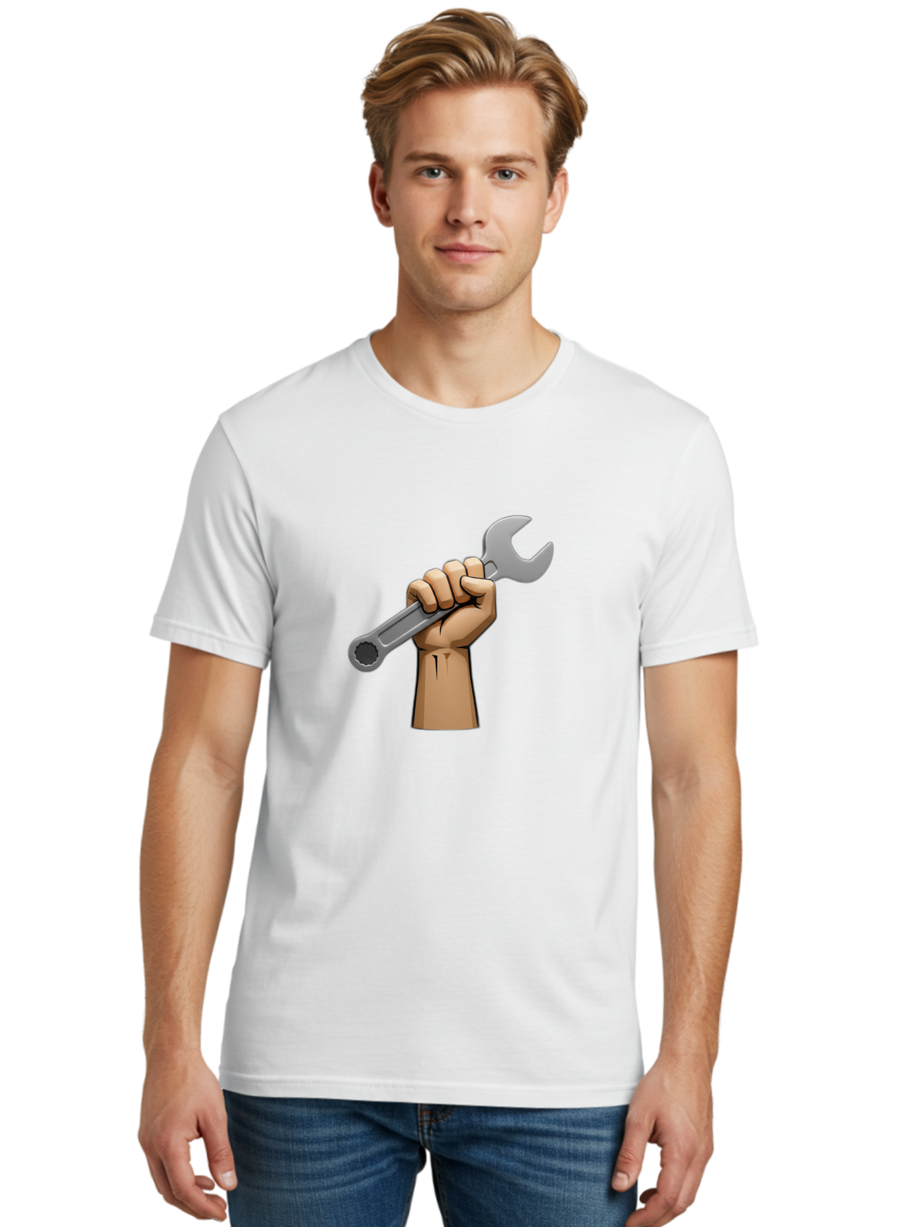 Hand-Holding-Wrench Men'S Graphic Tee, 100% Cotton, Comfortable Casual Summer Wear, Machine Washable, Cartoon Hand Holding Wrench, Hand Gripping Spanner, Adjustable Wrench, Diy Tool, Repair Equipment, Maintenance Symbol, Hand Tool Bad186