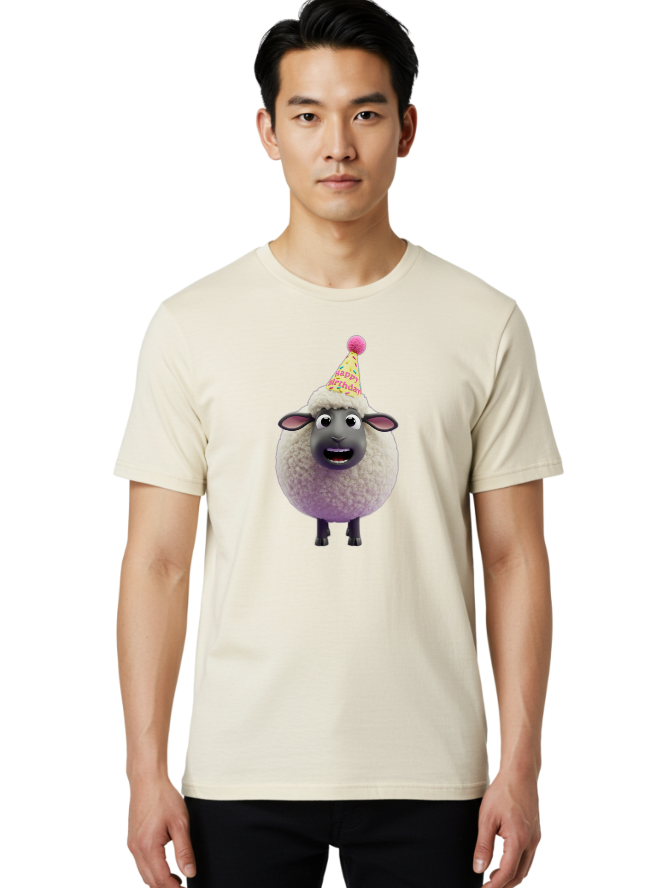 Happy-Birthday-Sheep Men'S Graphic Tee, 100% Cotton, Comfortable Casual Summer Wear, Machine Washable, Sheep In Party Hat, Happy Birthday, Cute Cartoon Character, Funny Animal, Celebration, Birthday Party, Fluffy Sheep, Cartoon Sheep, Bad189