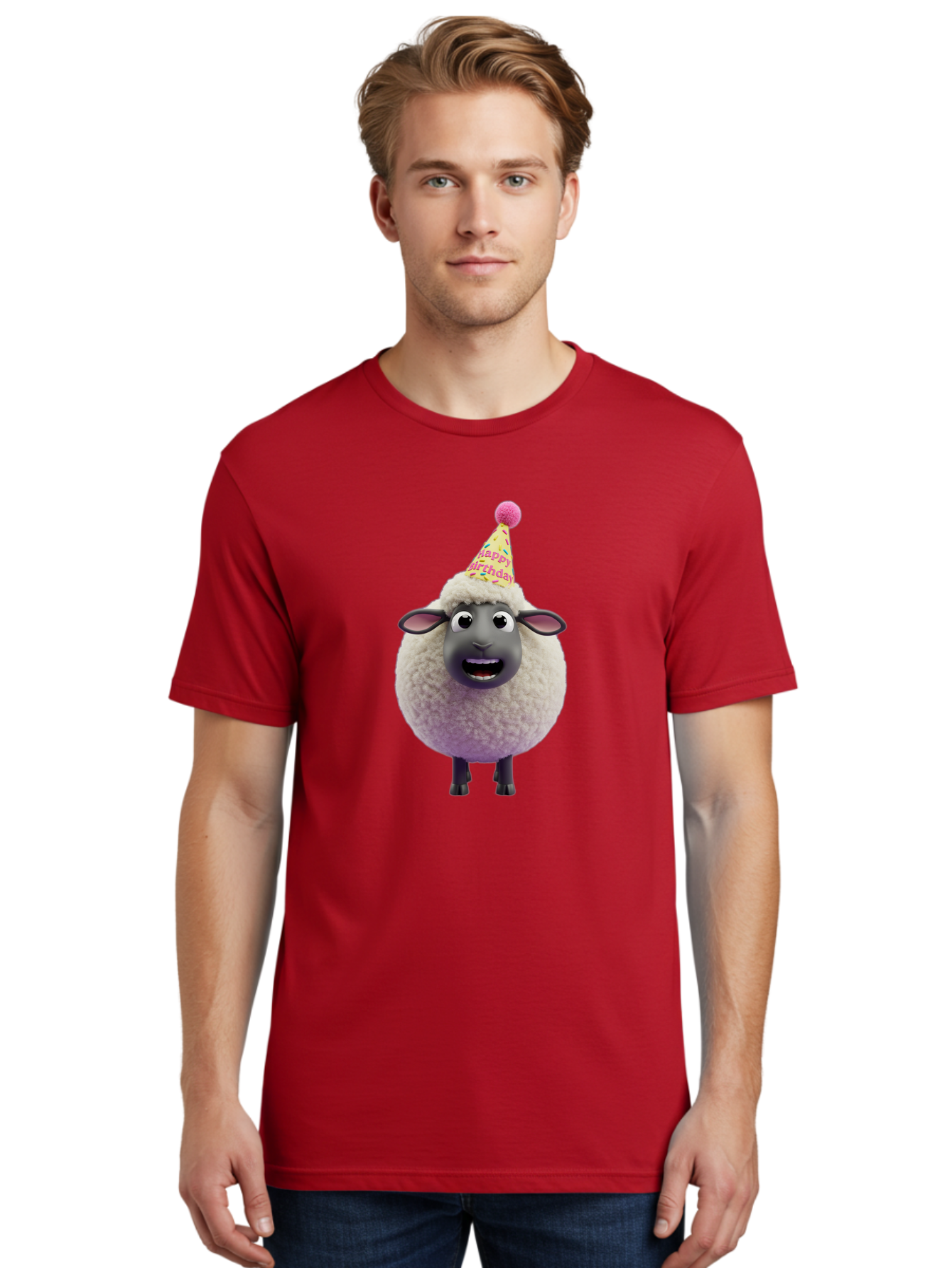 Happy-Birthday-Sheep Men'S Graphic Tee, 100% Cotton, Comfortable Casual Summer Wear, Machine Washable, Sheep In Party Hat, Happy Birthday, Cute Cartoon Character, Funny Animal, Celebration, Birthday Party, Fluffy Sheep, Cartoon Sheep, Bad189