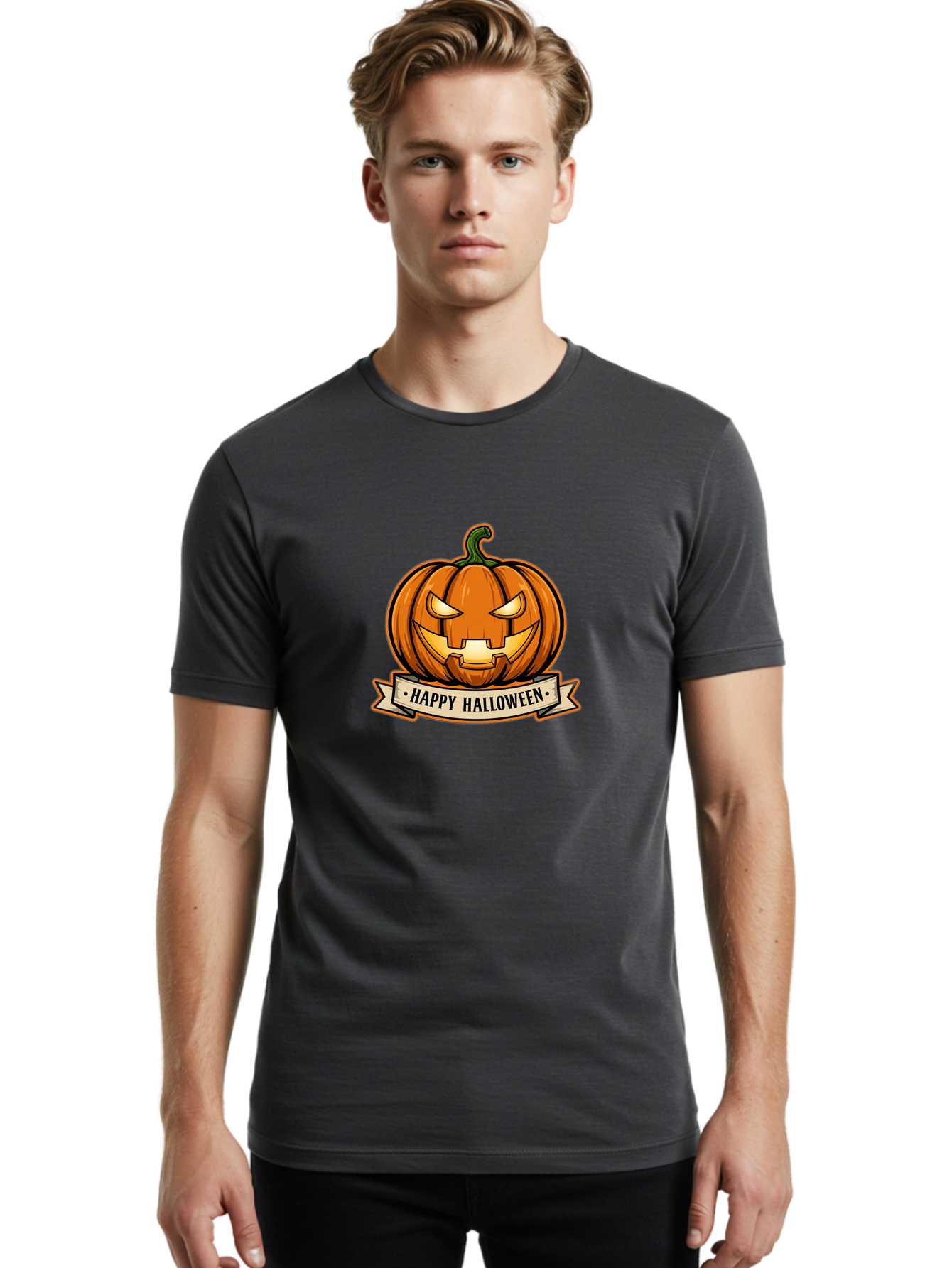 Happy-Halloween-Jack-O-Lantern Men'S Graphic Tee, 100% Cotton, Comfortable Casual Summer Wear, Machine Washable, Jack-O-Lantern, Halloween Pumpkin, Spooky Face, Orange Pumpkin, Festive Design, Happy Halloween Banner, Cartoon Illustration, Bad191