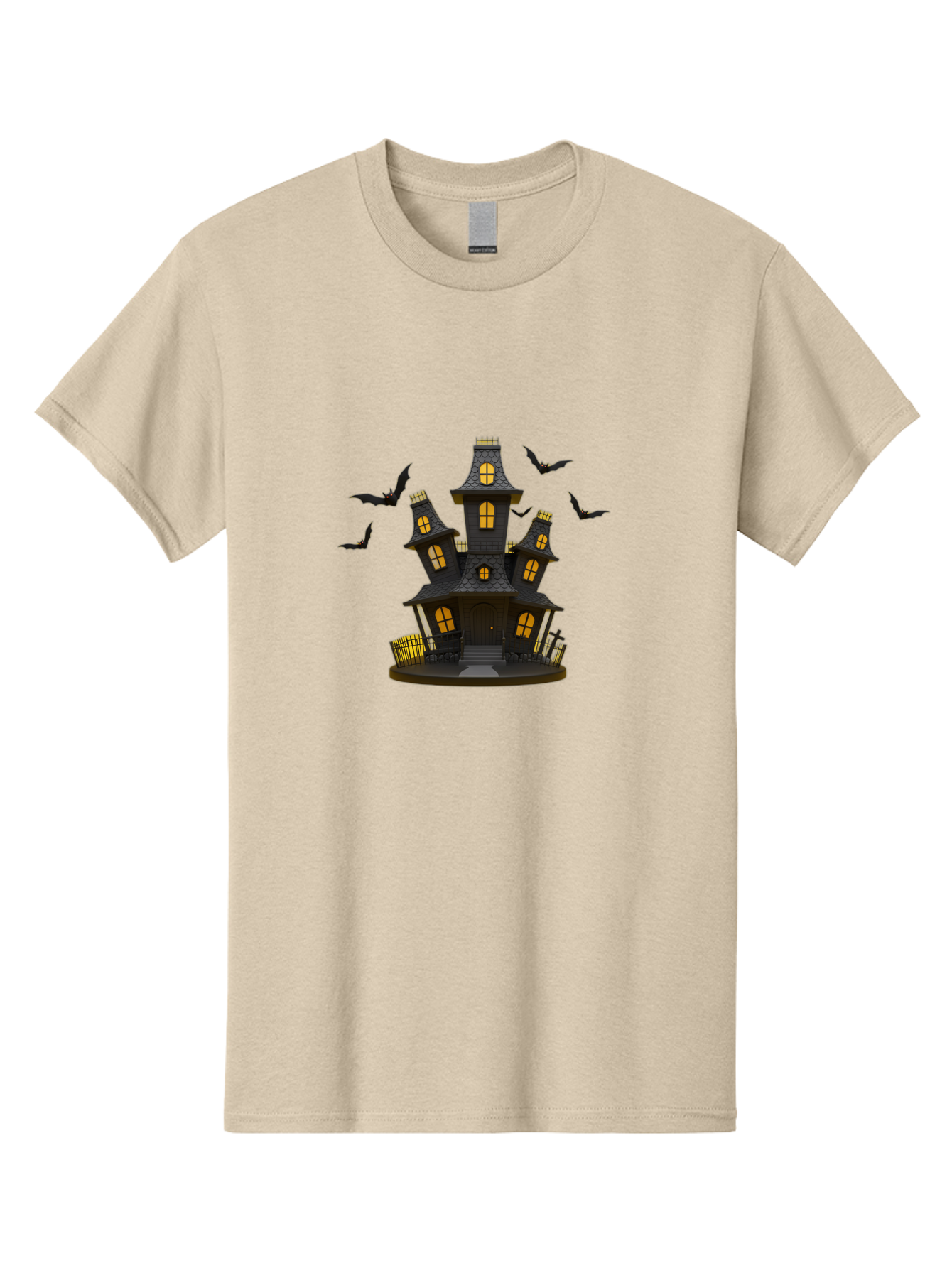 Haunted-Mansion Men'S Graphic Tee, 100% Cotton, Comfortable Casual Summer Wear, Machine Washable, Haunted House, Spooky Mansion, Halloween Decorations, Dark Brown House, Yellow Windows, Ghostly Bats, Eerie Atmosphere, Creepy Decor, Bad193