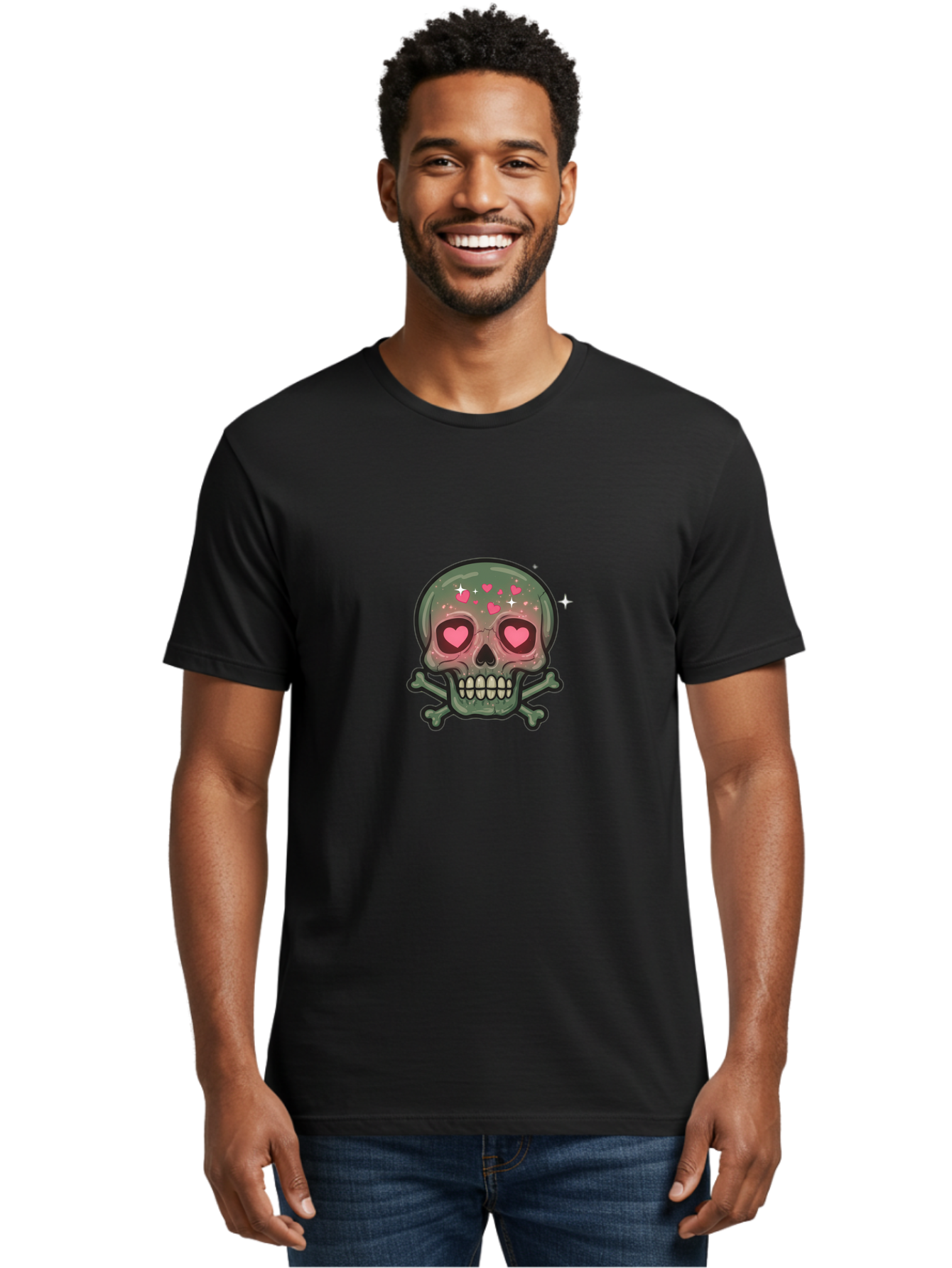 Heart-Eyes-Skull Men'S Graphic Tee, 100% Cotton, Comfortable Casual Summer Wear, Machine Washable, Cartoon Skull, Heart Eyes, Crossbones, Pink Hearts, Sparkles, Cute Skeleton, Quirky Design, Kawaii Art, Goth Charm, Edgy Aesthetic Bad194